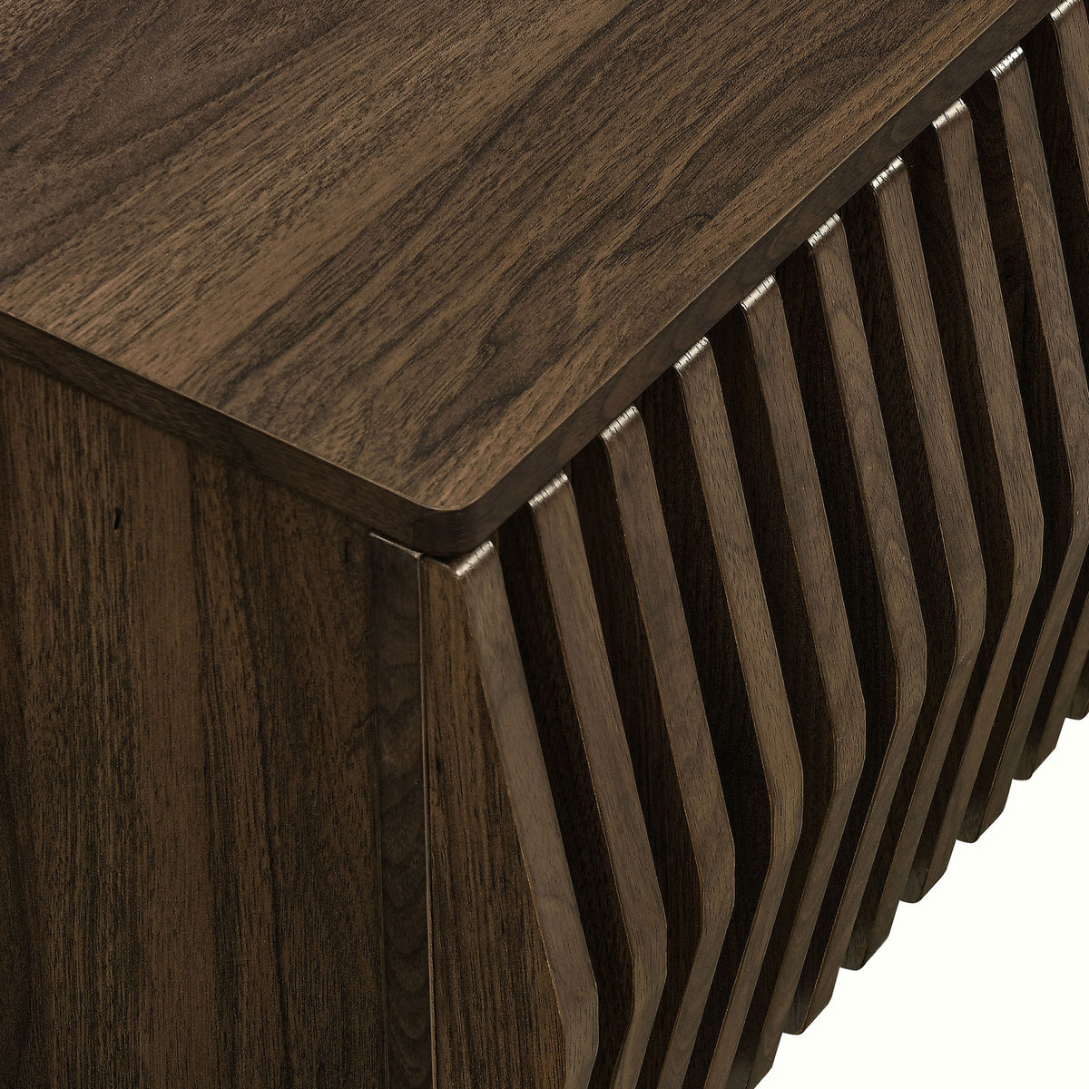 Walnut TV stand corner detail highlighting rounded top and sculpted slatted texture || EEI-7164-WAL || detail_studio