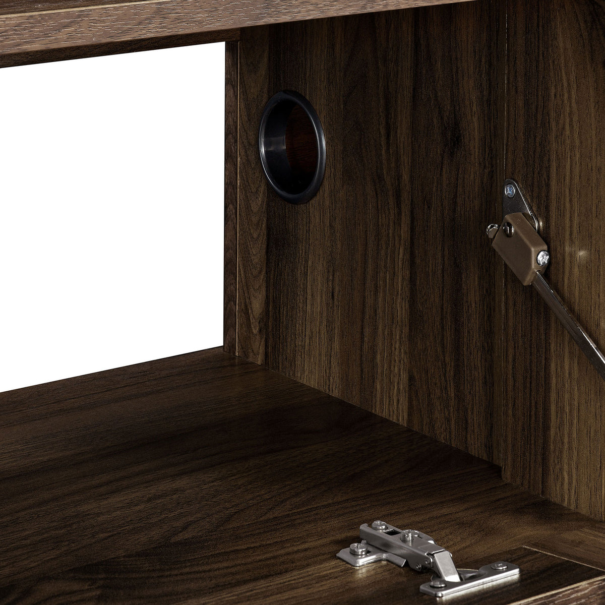 Walnut TV cabinet interior showing cable management grommet and warm wood finish || EEI-7164-WAL || storage_open_studio