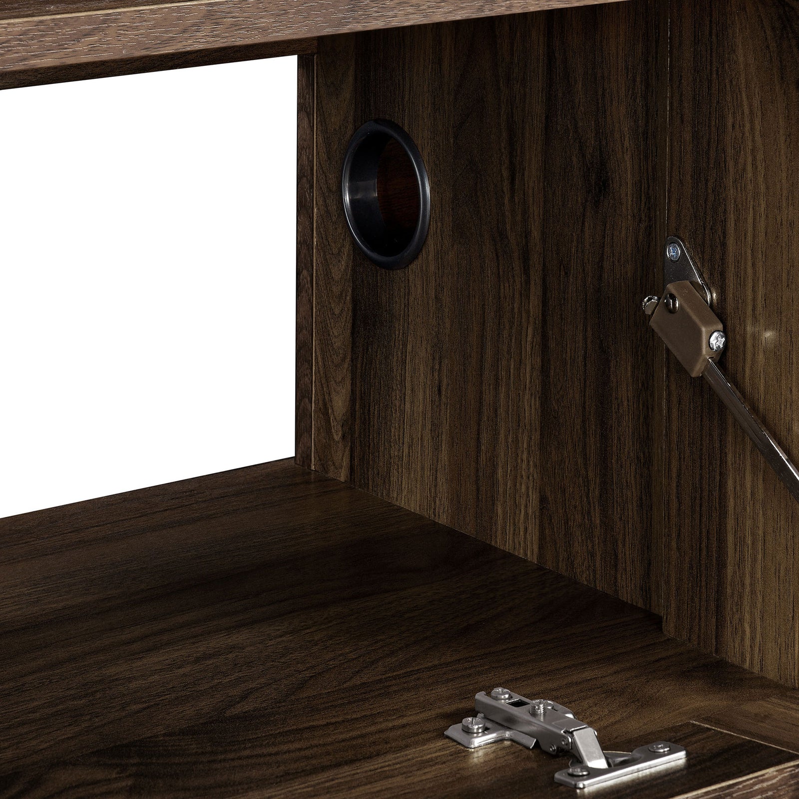 Walnut TV cabinet interior showing cable management grommet and warm wood finish || EEI-7164-WAL || storage_open_studio