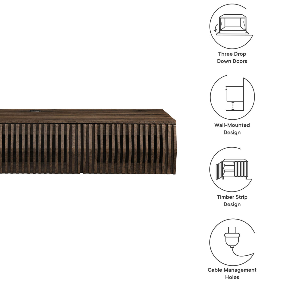 Walnut wall mount TV stand with icons highlighting doors, floating design, and cable ports || EEI-7164-WAL || callout_studio