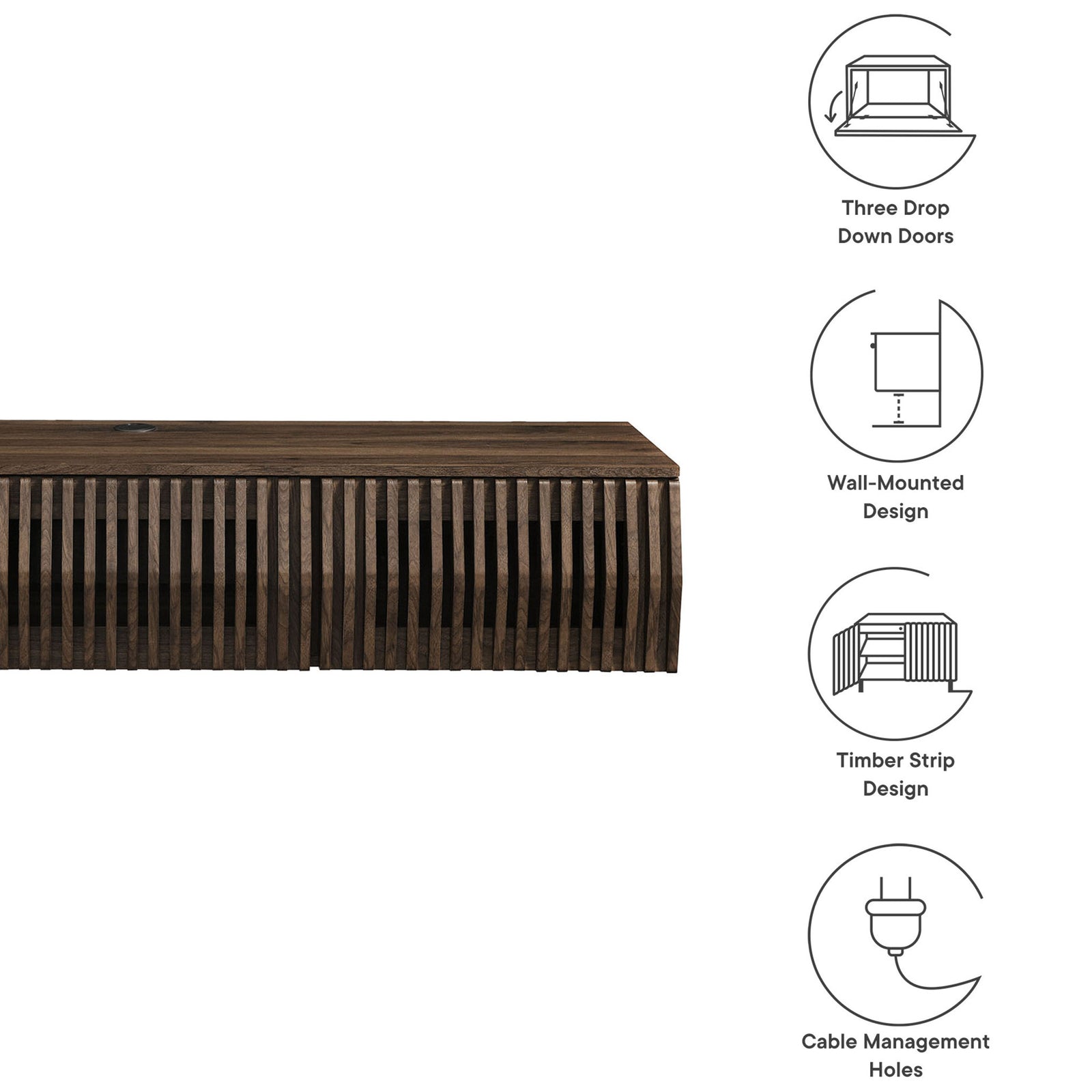 Walnut wall mount TV stand with icons highlighting doors, floating design, and cable ports || EEI-7164-WAL || callout_studio