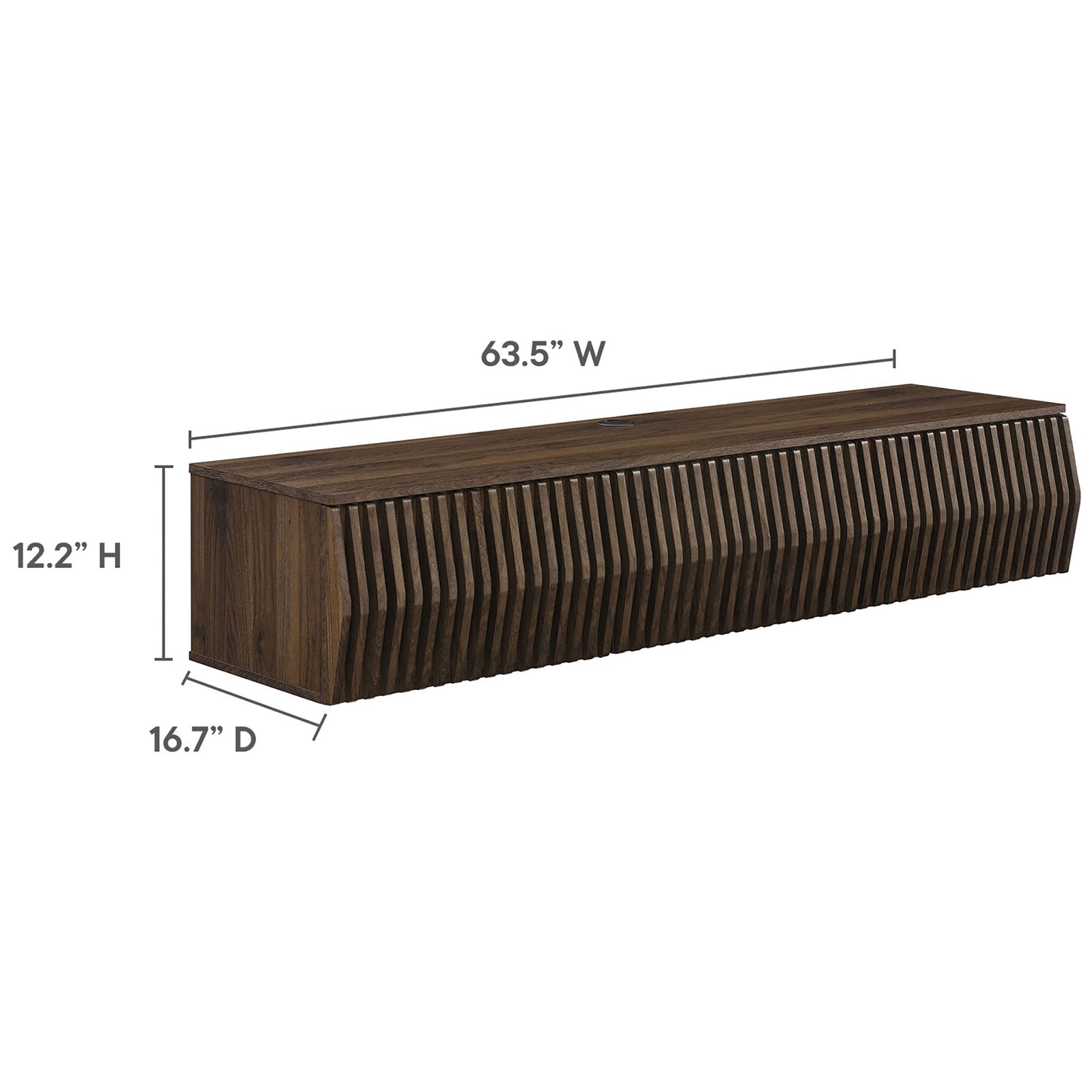 Dimension diagram of walnut wall mount TV stand with labeled width, height, and depth || EEI-7164-WAL || dimension_studio
