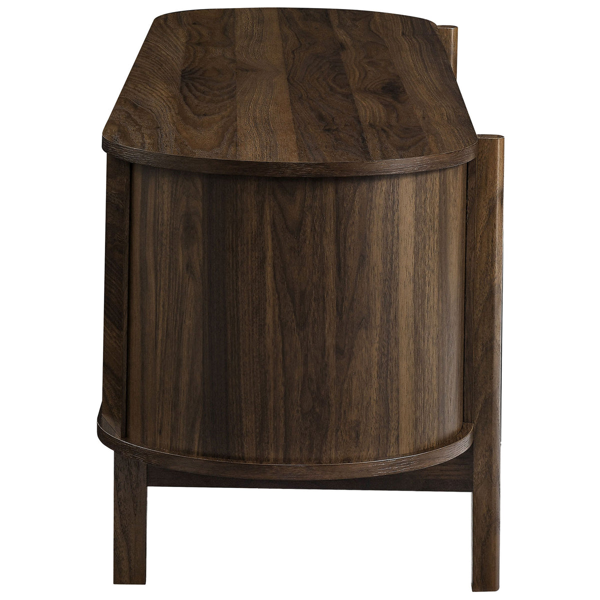 Streamlined walnut TV console showcasing the curved end panel and rich wood grain finish || EEI-7165-WAL || side_studio