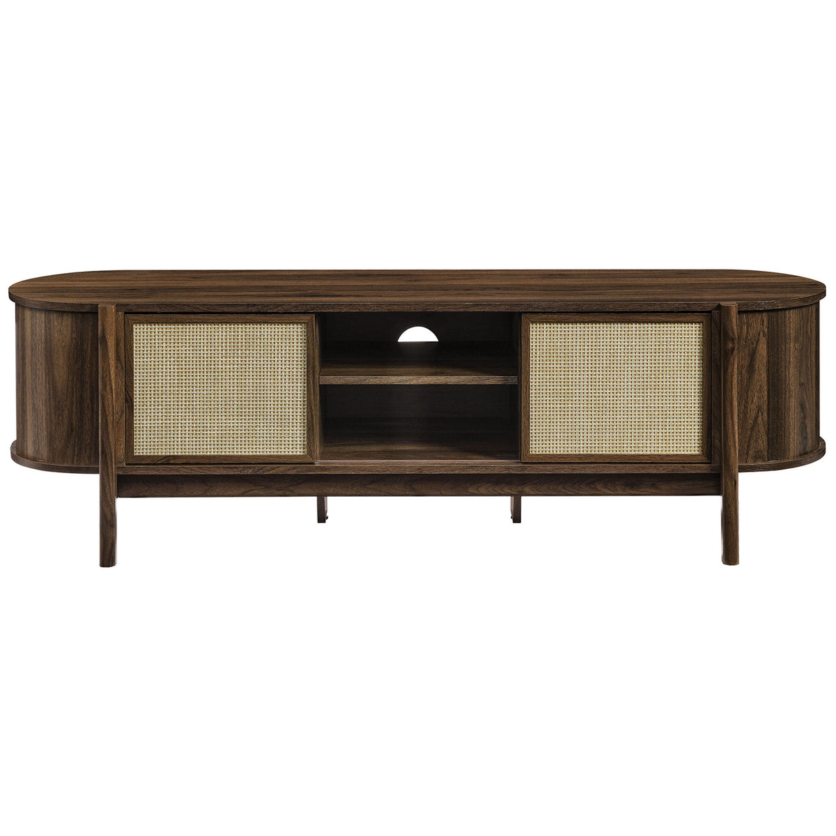 Walnut TV stand with open center shelving and rattan doors gliding to reveal organized storage || EEI-7165-WAL || front_open_studio