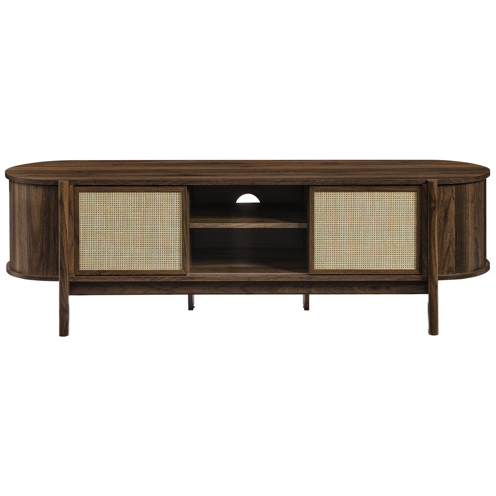Walnut TV stand with open center shelving and rattan doors gliding to reveal organized storage || EEI-7165-WAL || front_open_studio
