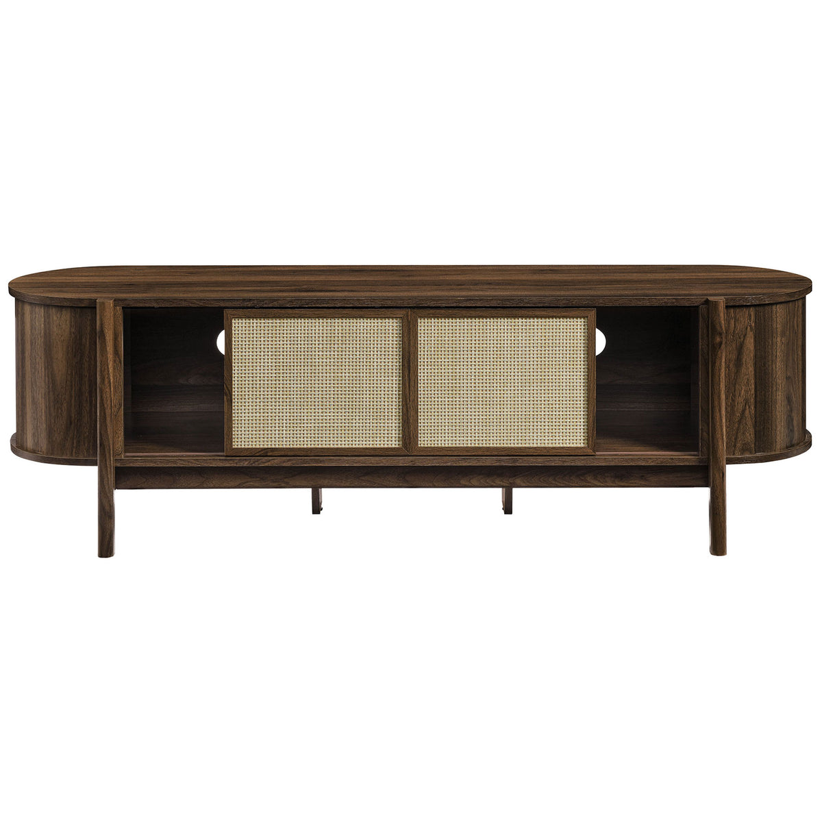 Low-profile media console with dual rattan sliders and generous side cabinet storage || EEI-7165-WAL || front_open_studio