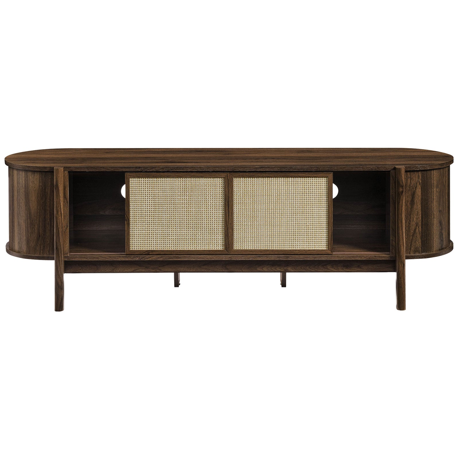 Low-profile media console with dual rattan sliders and generous side cabinet storage || EEI-7165-WAL || front_open_studio
