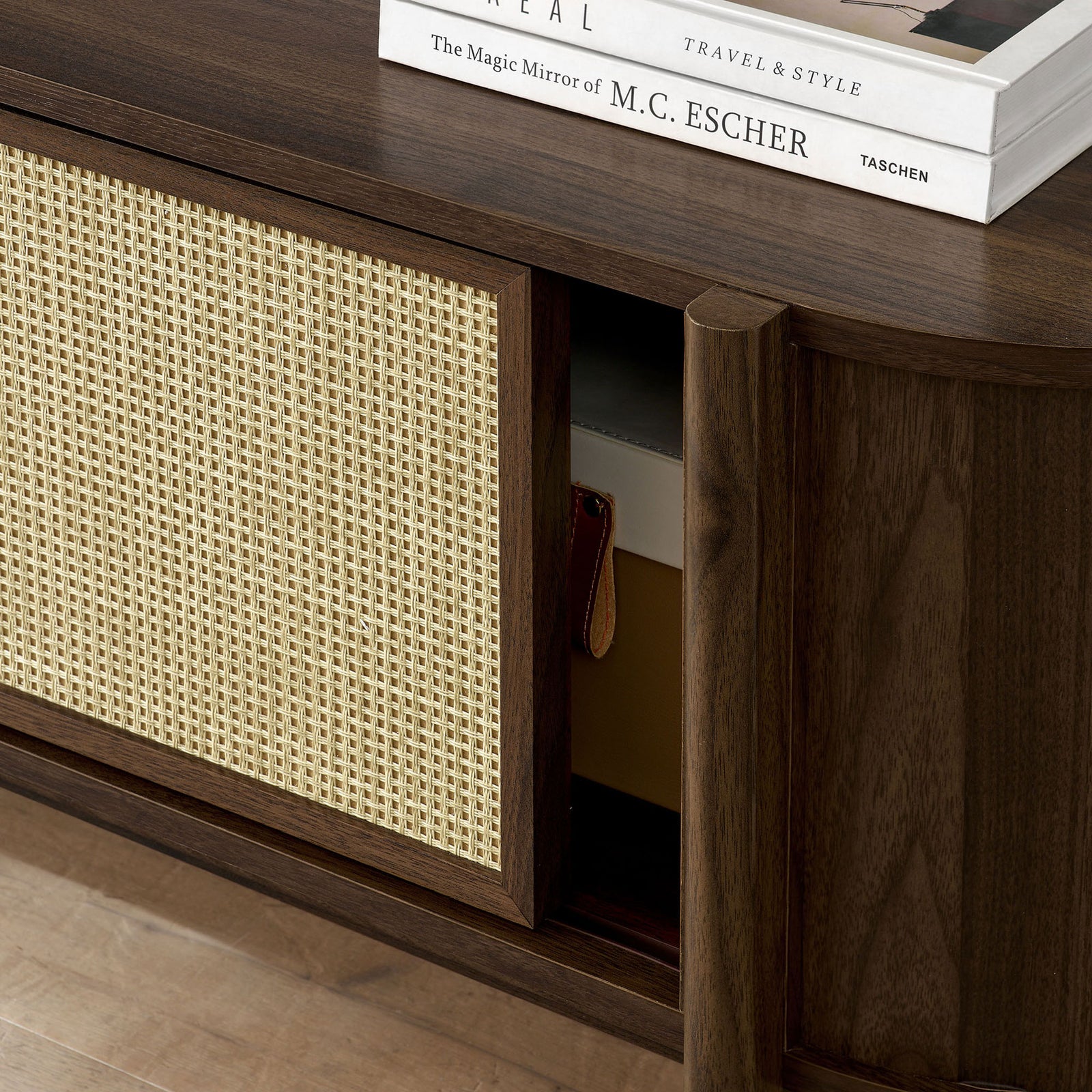Sliding rattan door revealing hidden storage for books, games, and media accessories || EEI-7165-WAL || storage_open_room
