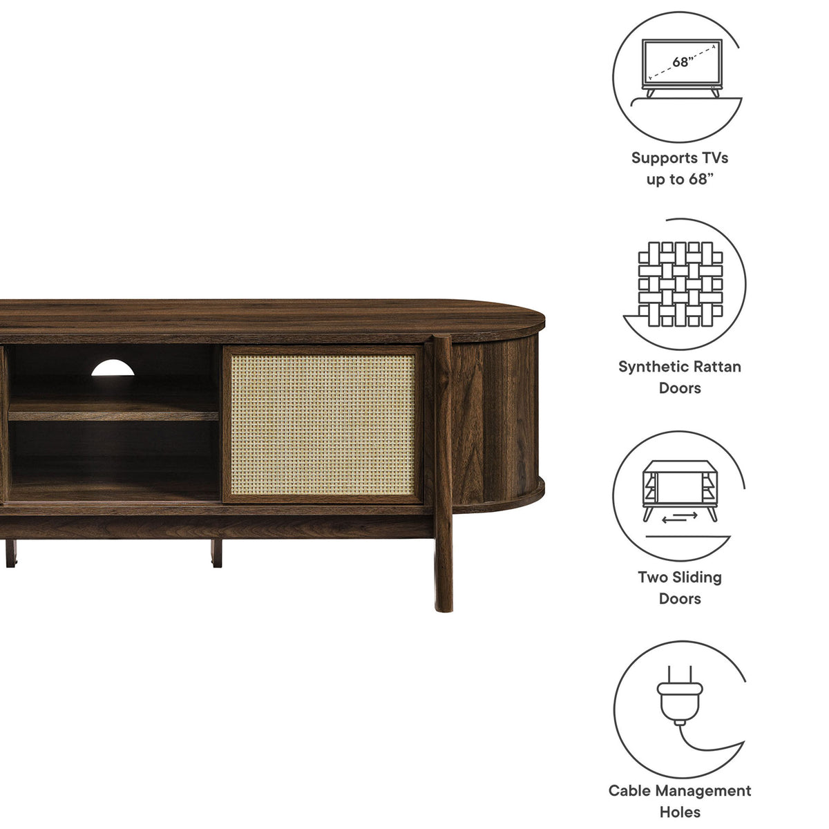 Reid TV stand feature icons showing TV capacity, rattan doors, sliding panels, and cable management || EEI-7165-WAL || callout_studio