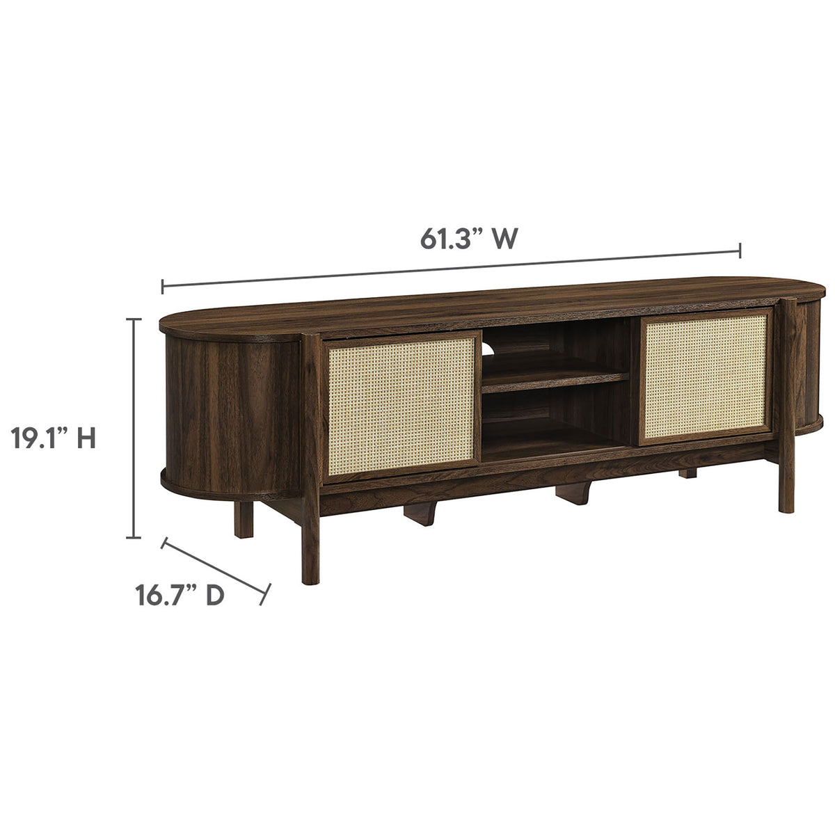 Reid TV stand dimension diagram with overall width, height, and depth measurements || EEI-7165-WAL || dimension_studio