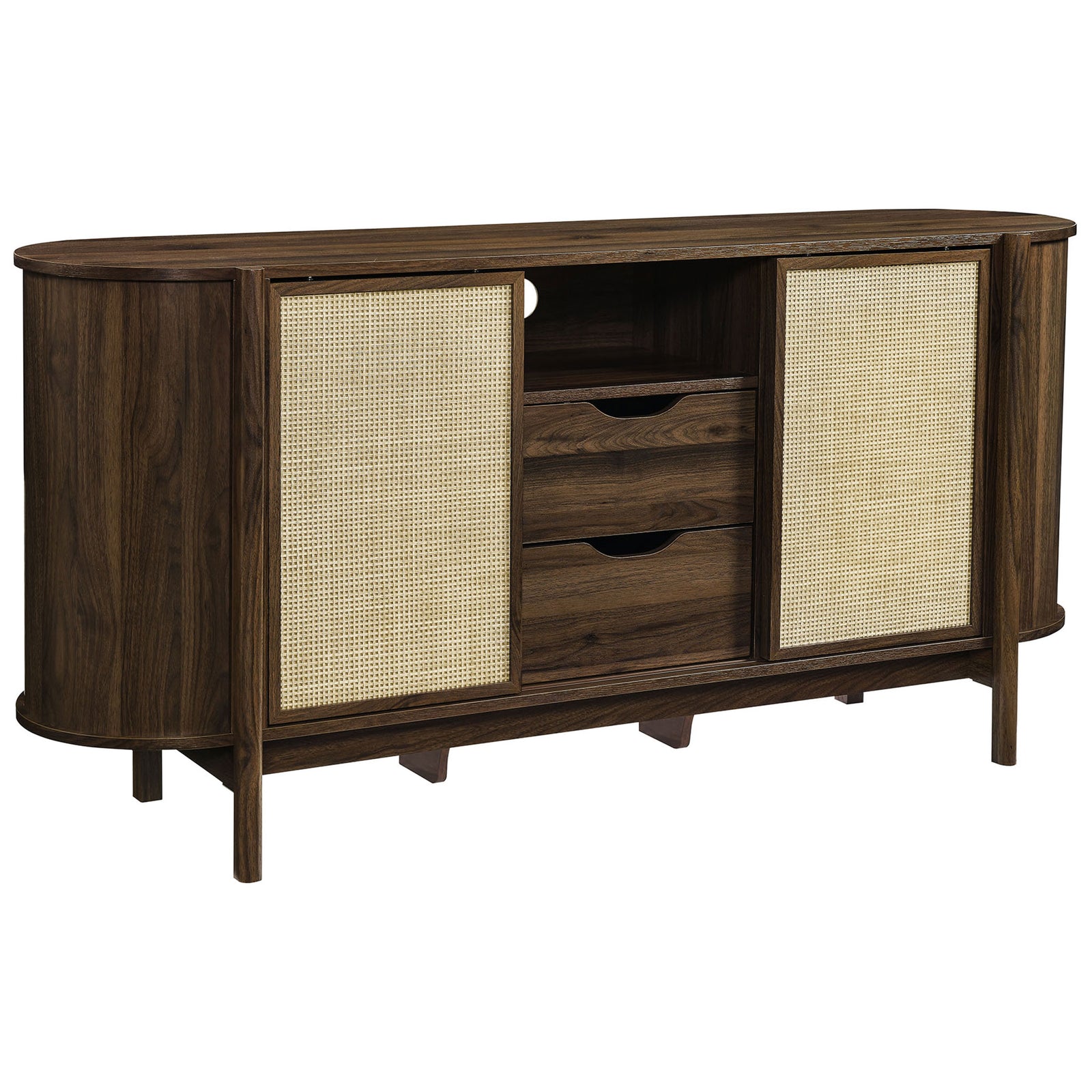 Curved walnut sideboard with cane-style sliding doors and central drawers for media storage || EEI-7166-WAL || front_angle_studio
