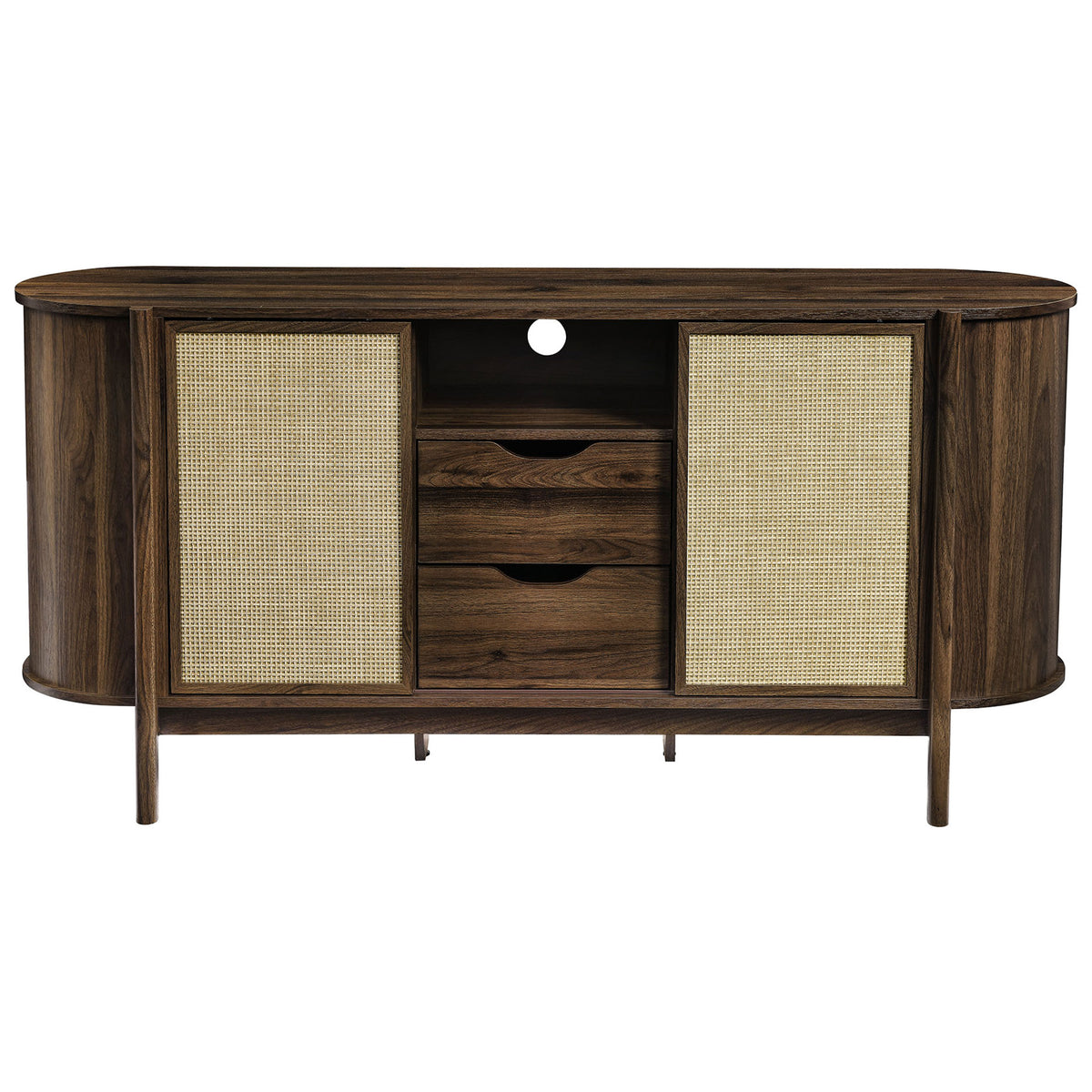 Front view of the walnut sideboard with open center shelf, dual drawers, and rear cable management port || EEI-7166-WAL || front_studio