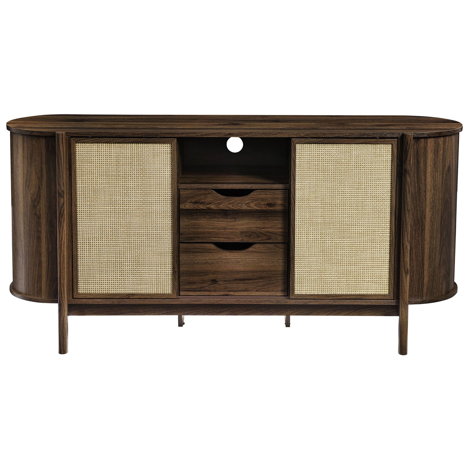 Front view of the walnut sideboard with open center shelf, dual drawers, and rear cable management port || EEI-7166-WAL || front_studio