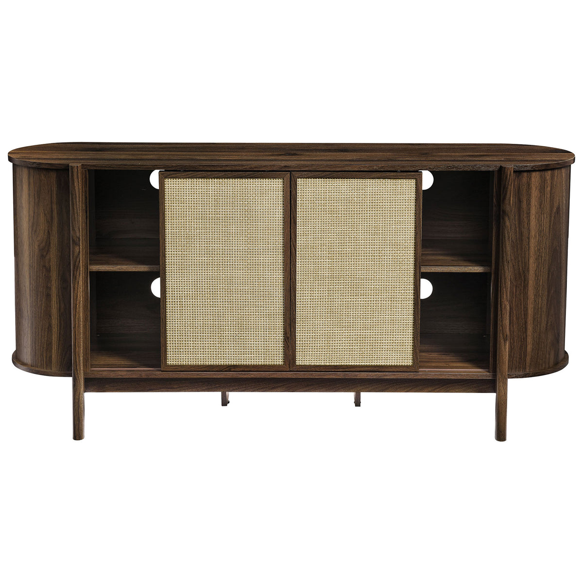 Sideboard with rattan doors slid open to reveal spacious adjustable shelves for concealed storage || EEI-7166-WAL || front_open_studio