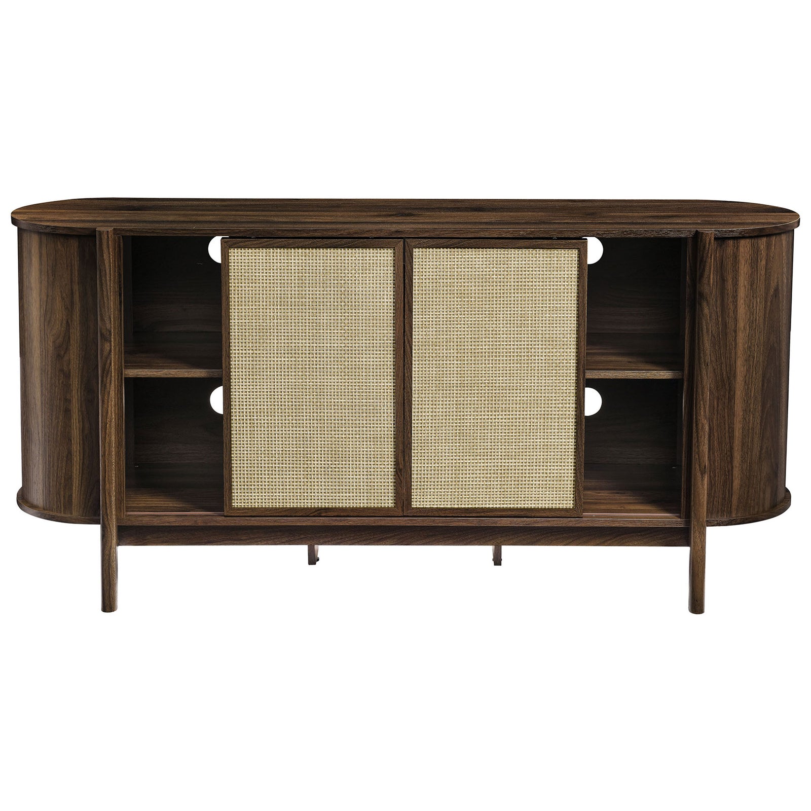 Sideboard with rattan doors slid open to reveal spacious adjustable shelves for concealed storage || EEI-7166-WAL || front_open_studio