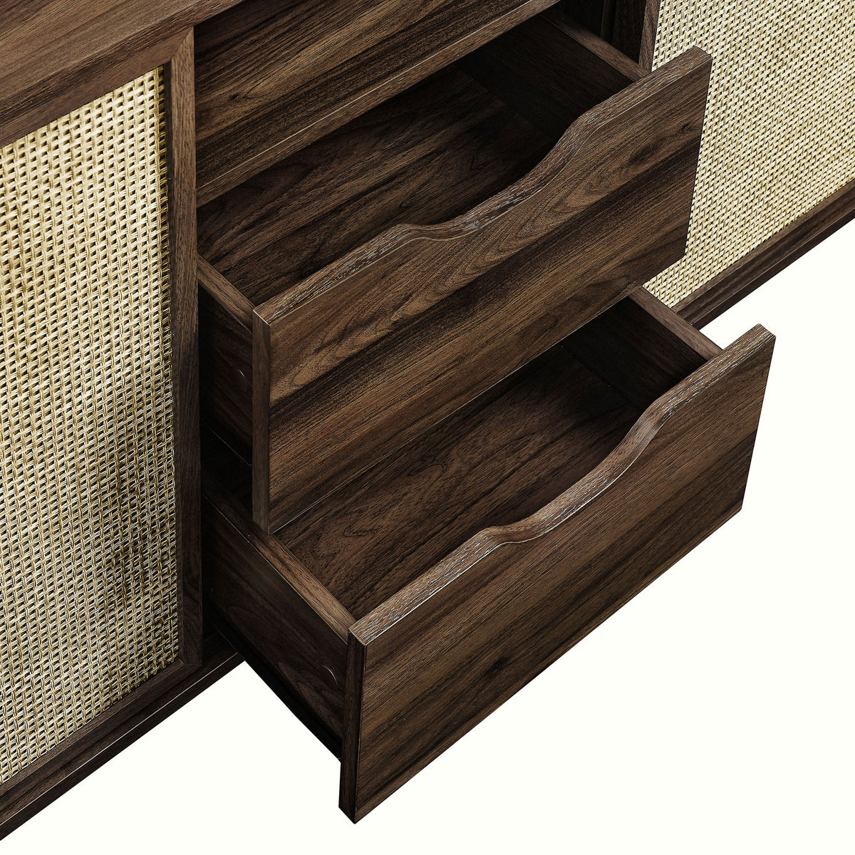 Close-up of smooth-gliding walnut drawers offering easy access to dining and living room essentials || EEI-7166-WAL || storage_open_studio