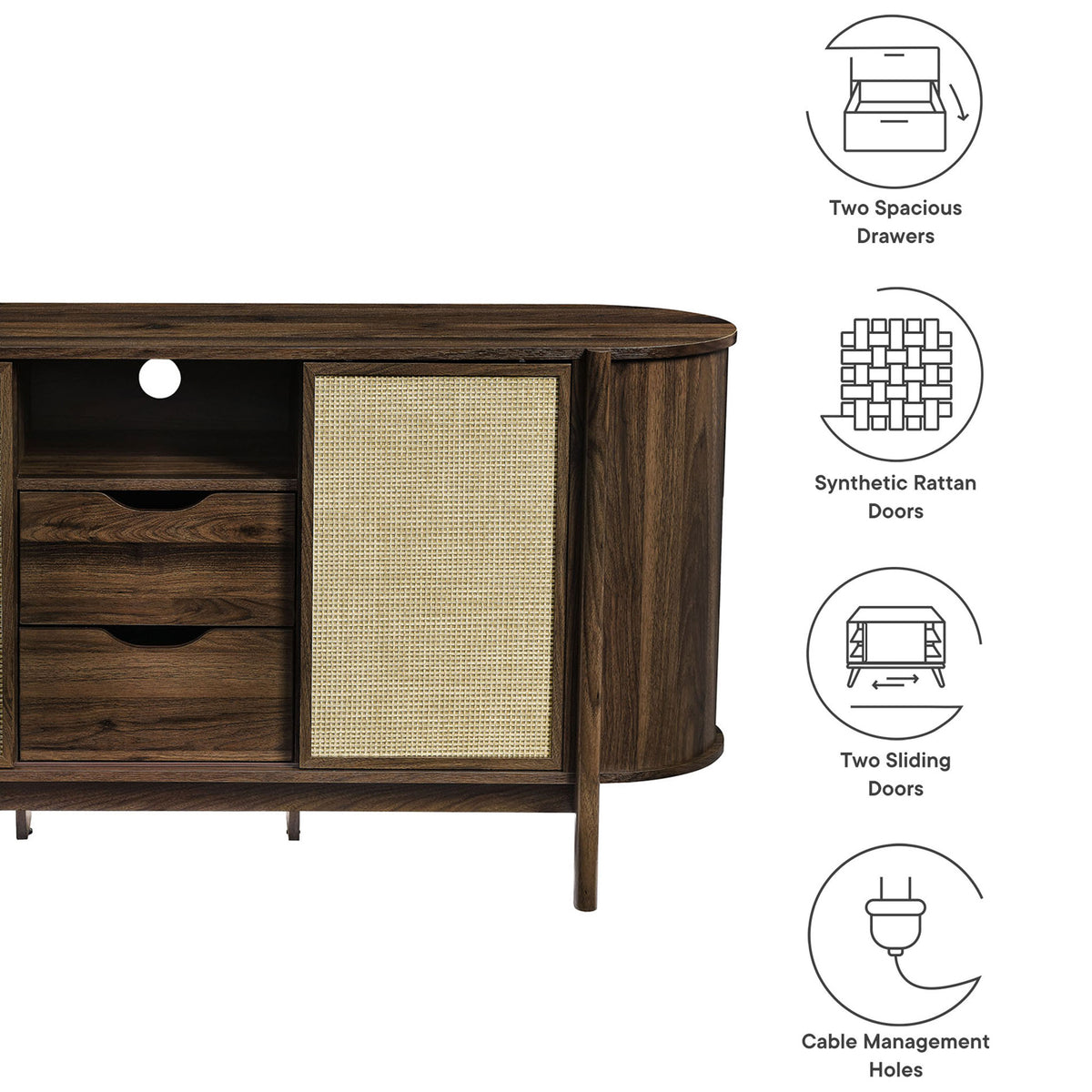 Sideboard feature callouts highlight drawers, sliding rattan doors, and cable management openings || EEI-7166-WAL || callout_studio