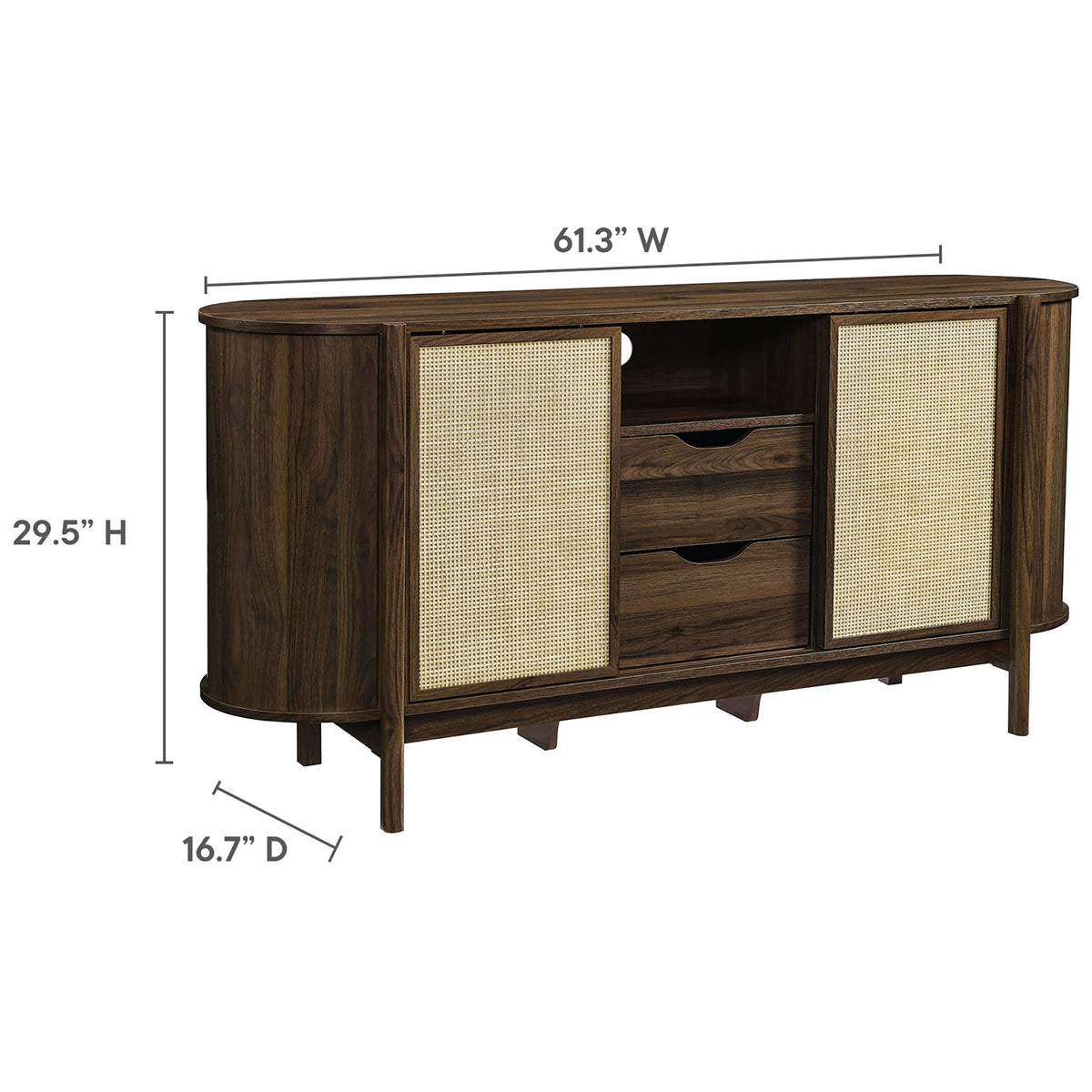 Dimension diagram of the curved sideboard showing overall width, height, and depth measurements || EEI-7166-WAL || dimension_studio