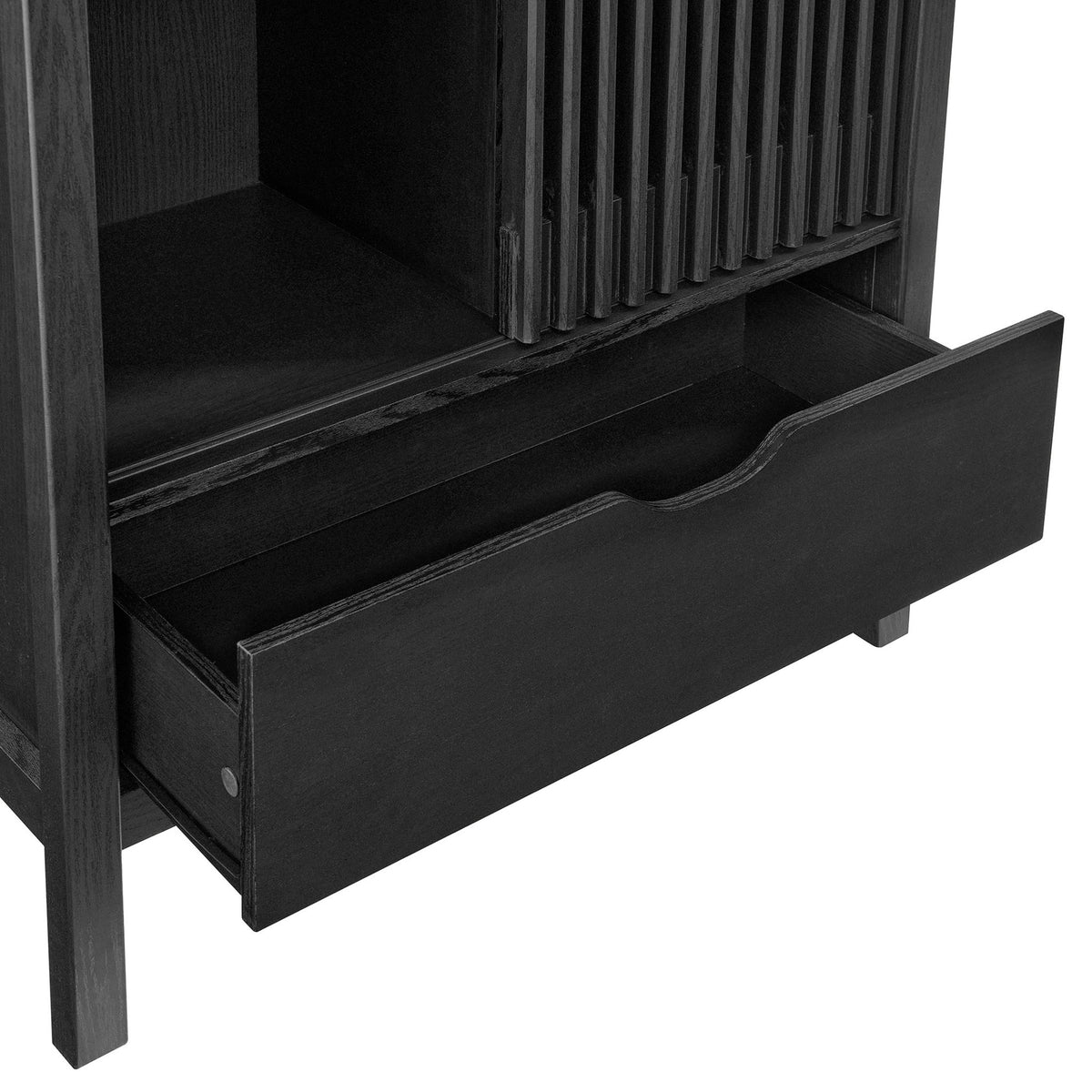 Deep lower drawer on the black cabinet offers generous hidden storage space. || EEI-7167-BLK || storage_open_studio