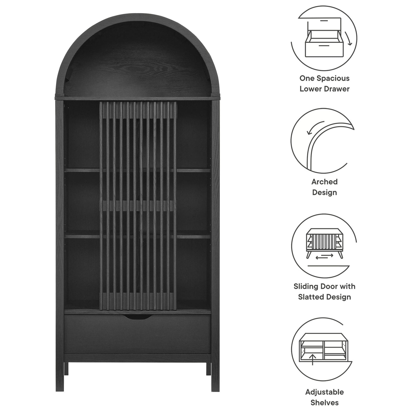 Feature graphic highlighting the black cabinet's arched top, slatted sliding door, drawer, and adjustable shelves. || EEI-7167-BLK || callout_studio