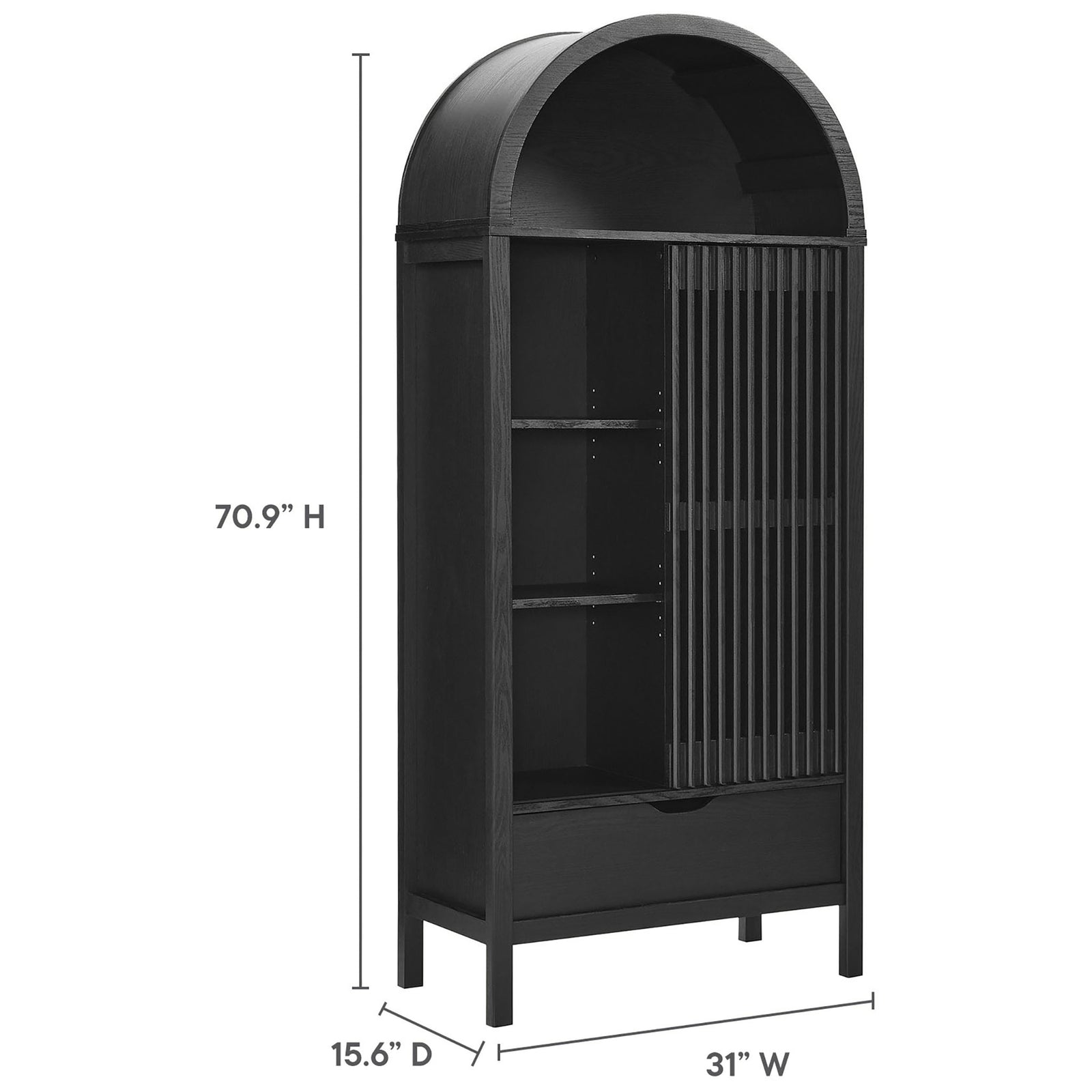 Dimension graphic showing the full height, width, and depth of the black arched display cabinet. || EEI-7167-BLK || dimension_studio