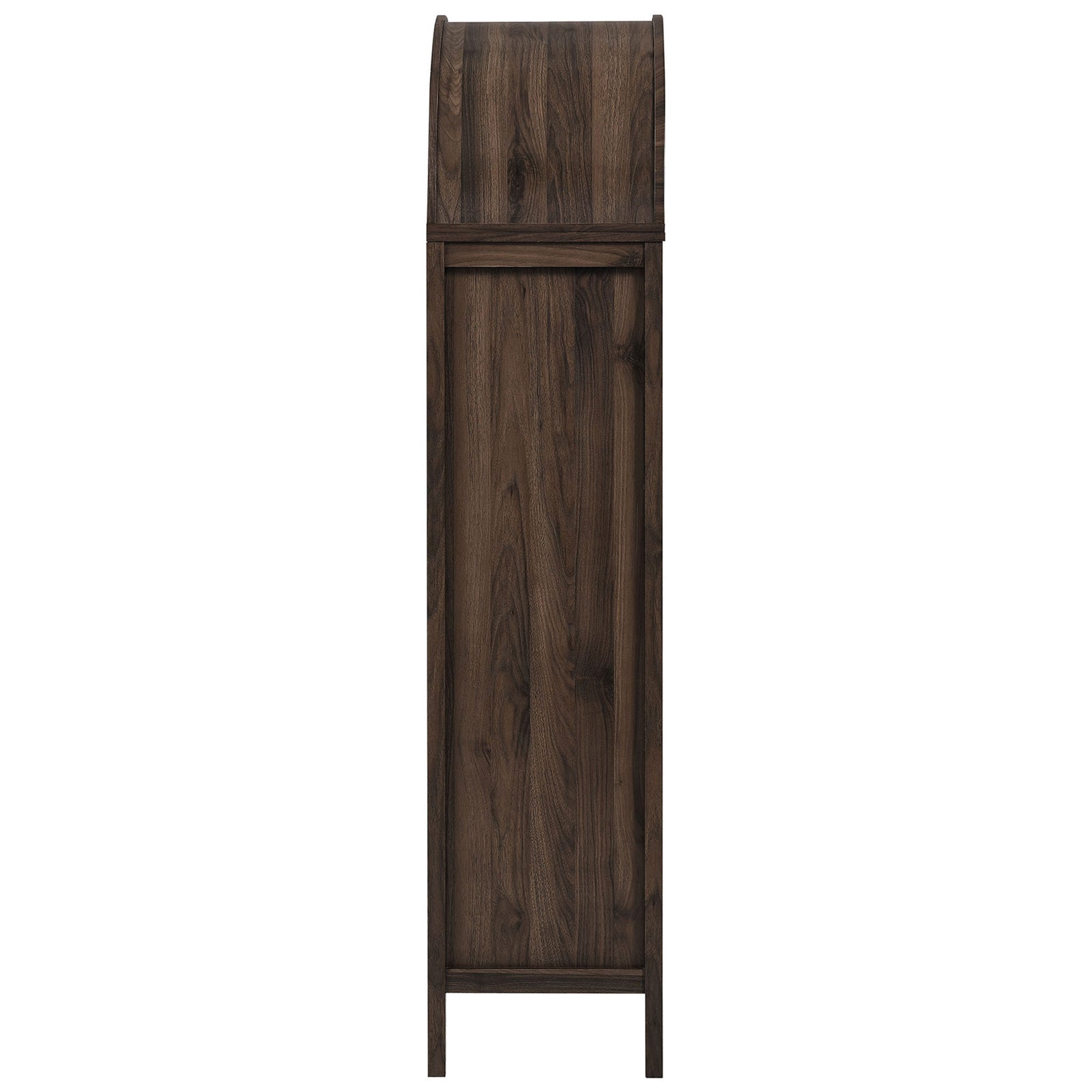 Slim silhouette of the walnut arched cabinet highlighting its curved dome and clean, modern lines. || EEI-7167-WAL || side_studio