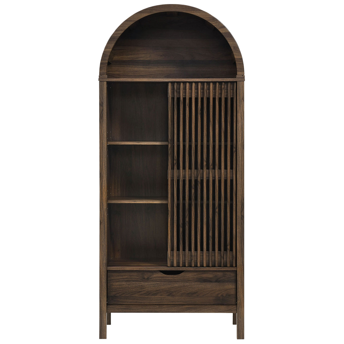 Walnut arched storage cabinet with sliding door open to reveal adjustable display shelves. || EEI-7167-WAL || front_open_studio