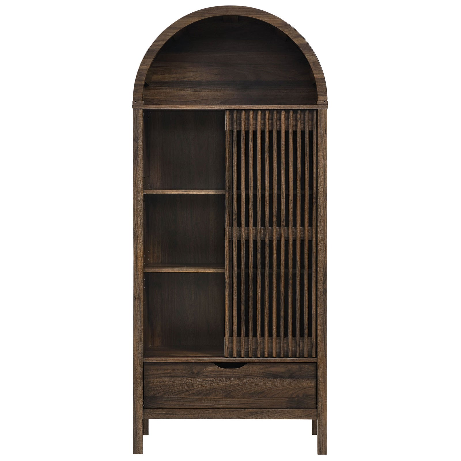 Walnut arched storage cabinet with sliding door open to reveal adjustable display shelves. || EEI-7167-WAL || front_open_studio