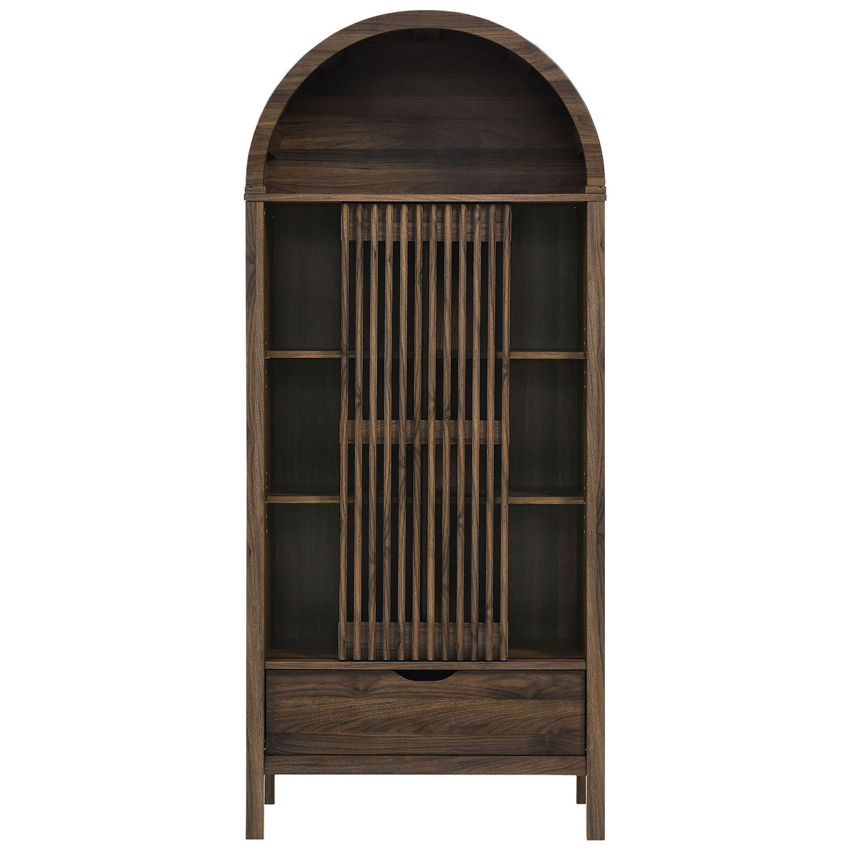 Walnut arched display cabinet with a center slatted sliding door and concealed storage. || EEI-7167-WAL || front_studio