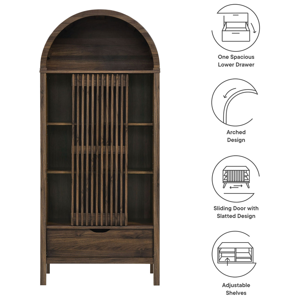 Feature graphic highlighting the walnut cabinet's arched top, slatted sliding door, drawer, and adjustable shelves. || EEI-7167-WAL || callout_studio