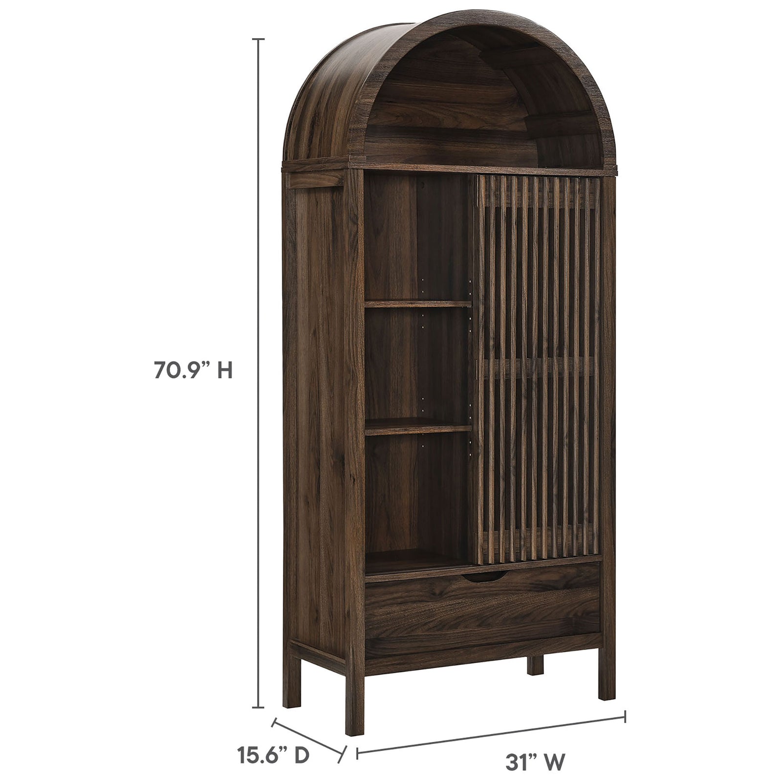 Dimension graphic showing the full height, width, and depth of the walnut arched display cabinet. || EEI-7167-WAL || dimension_studio