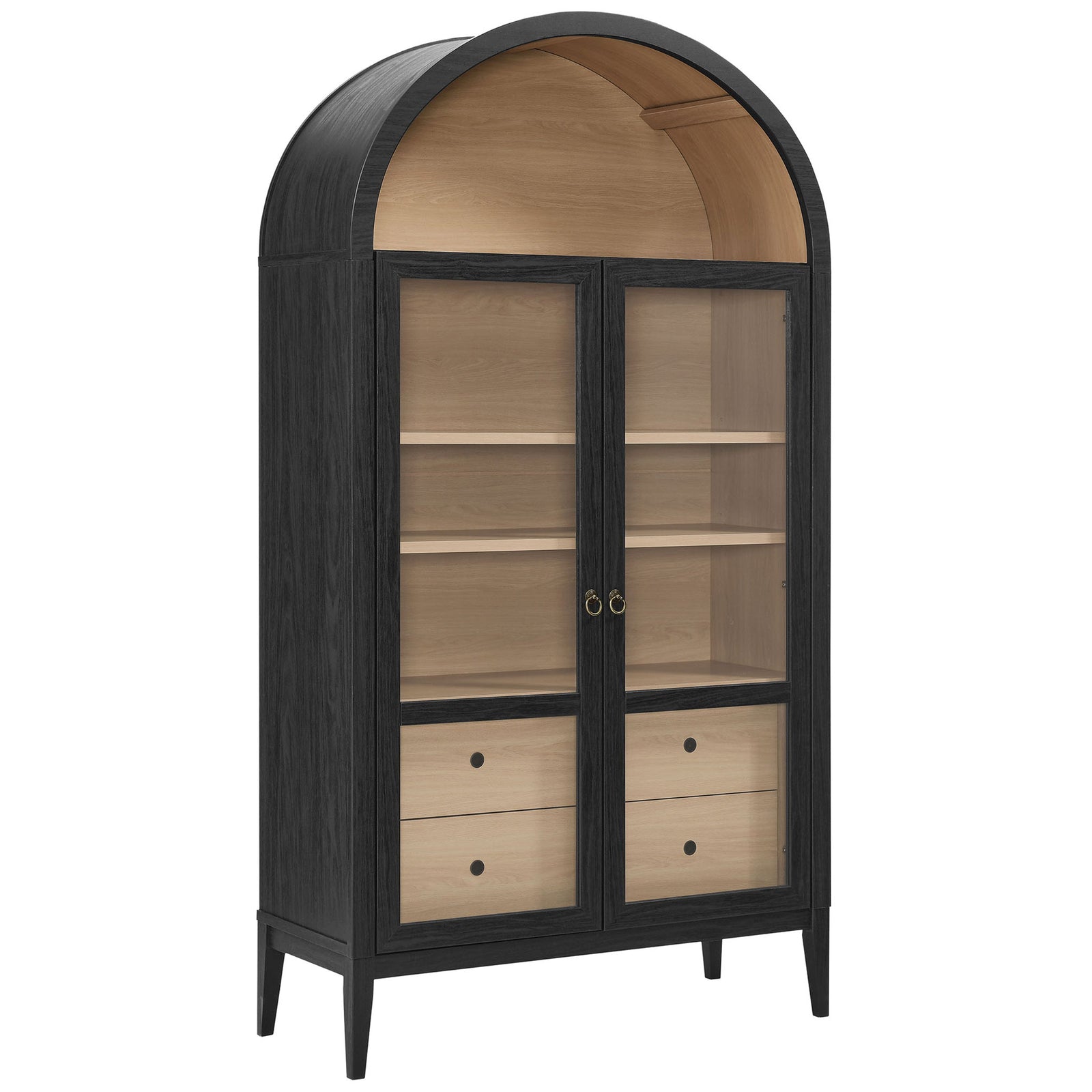 Tall wide black oak arch cabinet showcasing adjustable shelves and display space for decor || EEI-7168-BLK-OAK || front_angle_studio