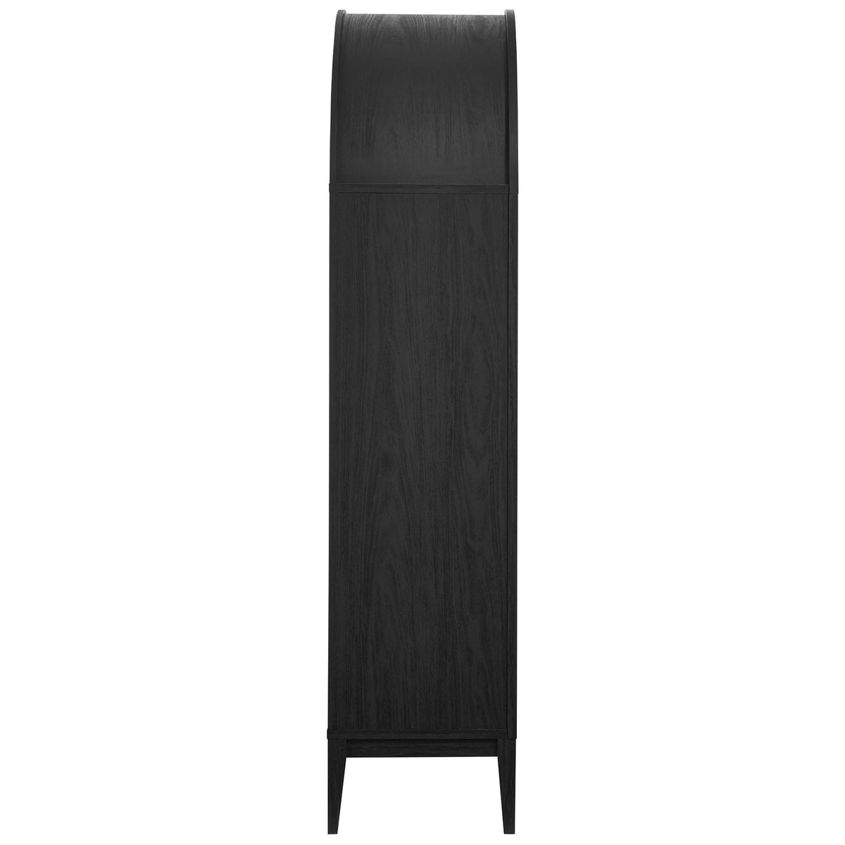 Slim edge profile of the wide black oak Nolan cabinet with arched top and tapered legs || EEI-7168-BLK-OAK || side_studio