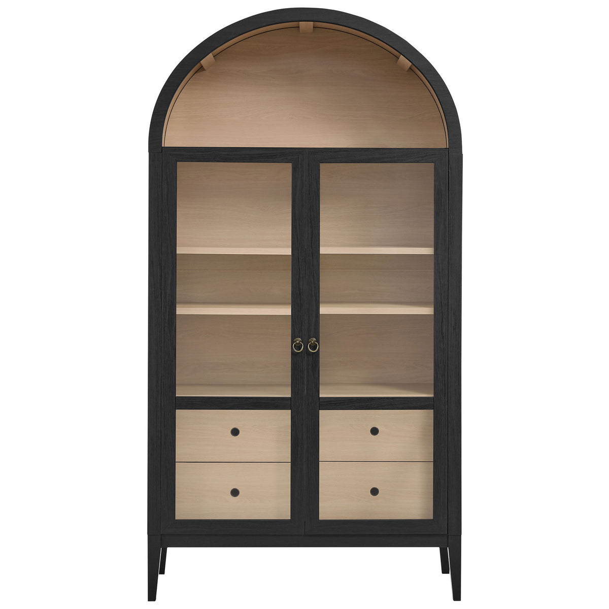 Wide black oak arched display cabinet with glass doors and two deep light wood drawers || EEI-7168-BLK-OAK || front_studio