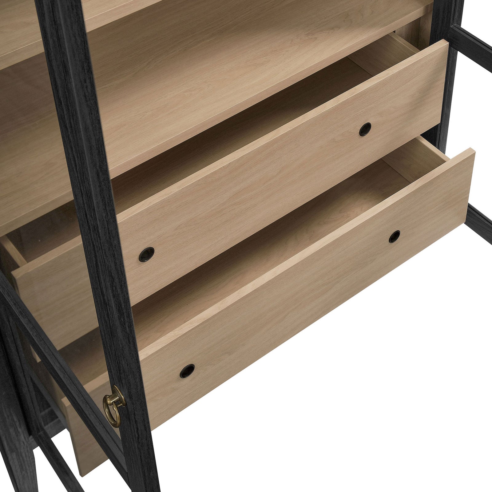 Stacked drawers in the wide black oak cabinet glide fully open for easy access to contents || EEI-7168-BLK-OAK || storage_open_studio