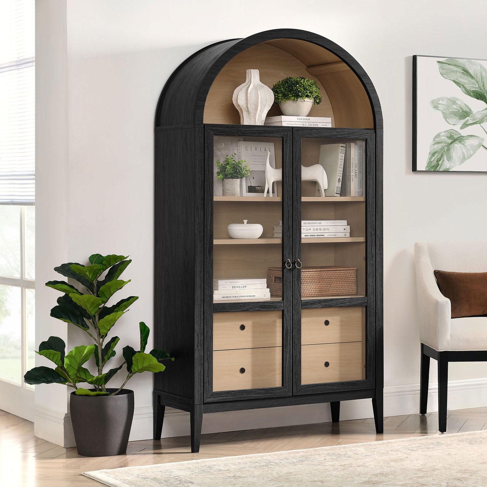 Wide black oak arched cabinet styled with vases and books in a contemporary living room || EEI-7168-BLK-OAK || front_angle_room