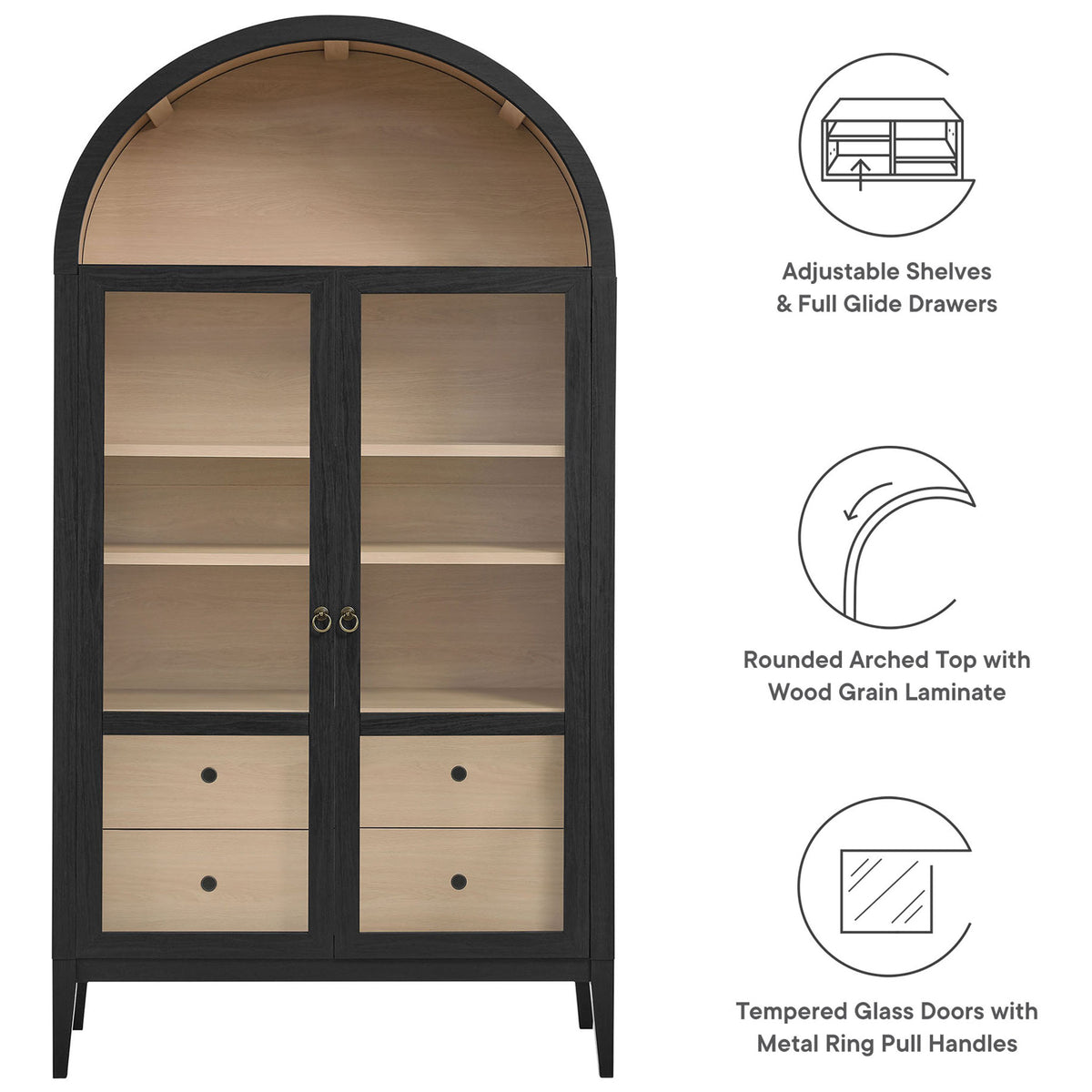 Feature highlights of the wide black oak Nolan cabinet including adjustable shelves and glass doors || EEI-7168-BLK-OAK || callout_studio