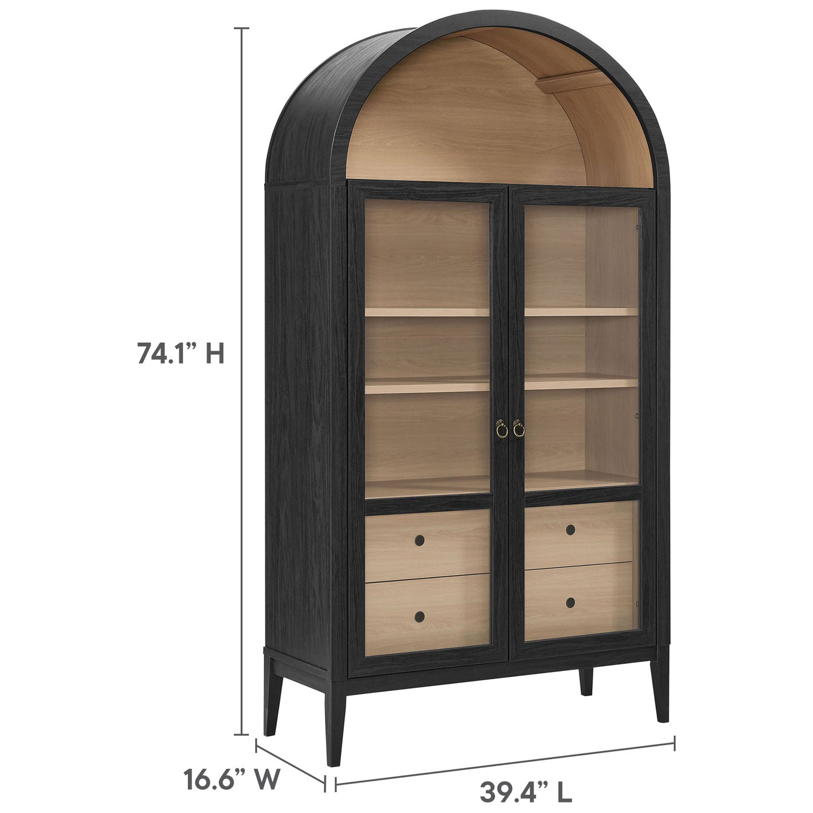 Wide black oak cabinet measuring about 74 inches tall and 39 inches wide for generous storage || EEI-7168-BLK-OAK || dimension_studio