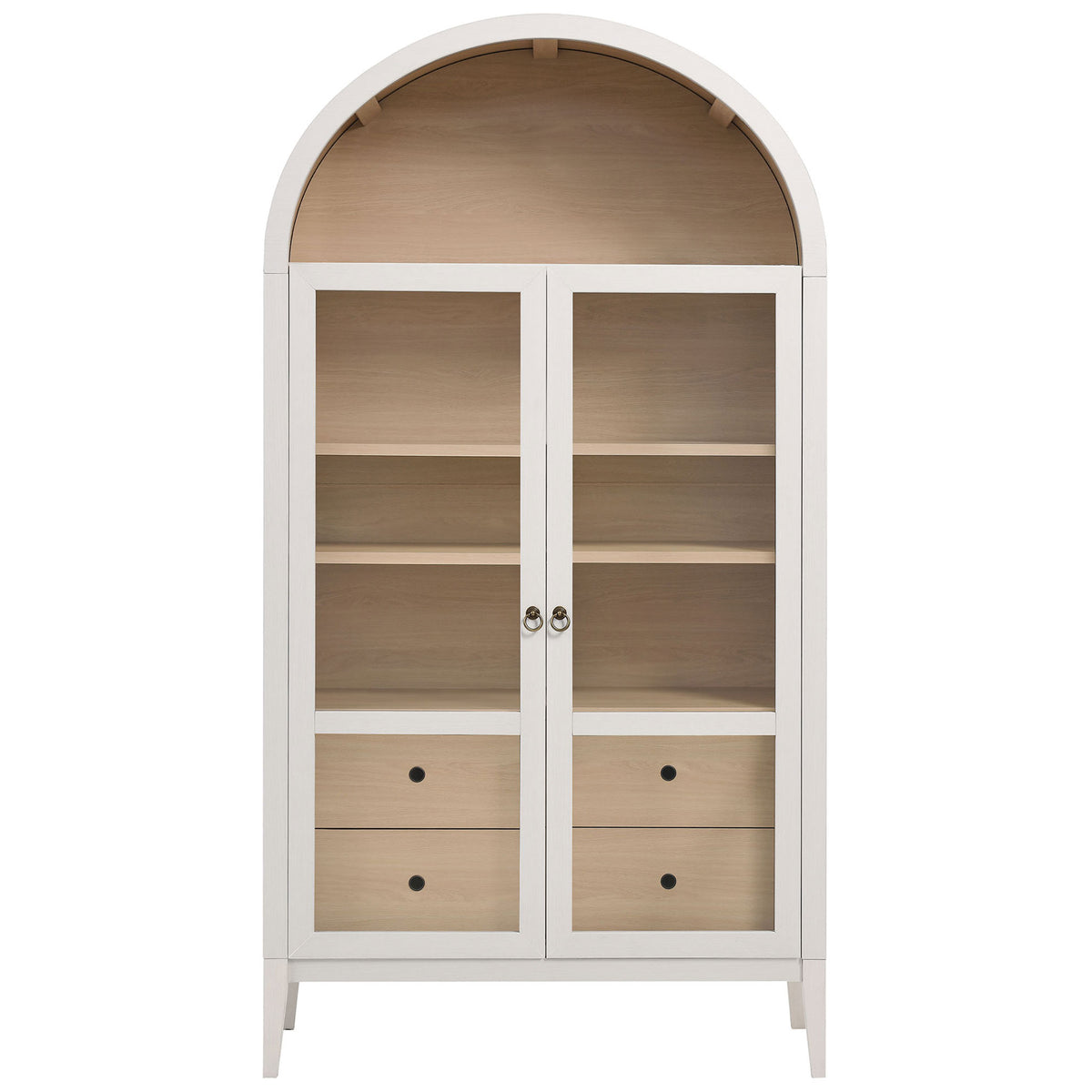 Ivory oak arched display cabinet with glass doors and two spacious light wood drawers || EEI-7168-IVO-OAK || front_studio