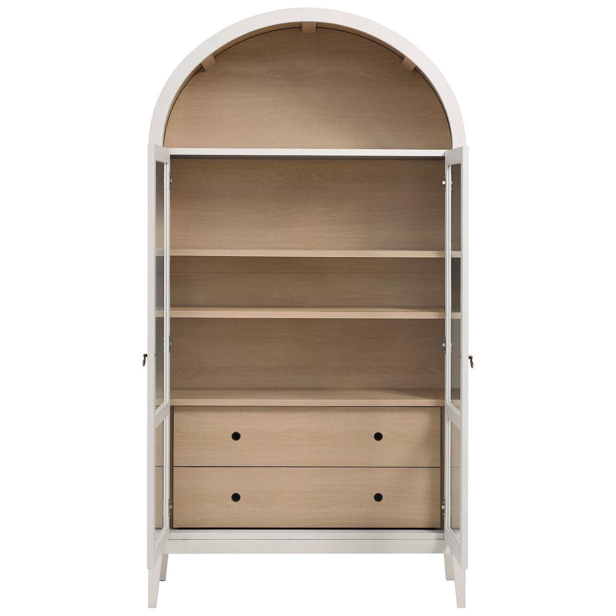 Ivory oak cabinet with doors open to reveal wide adjustable shelves and full depth drawers || EEI-7168-IVO-OAK || front_open_studio