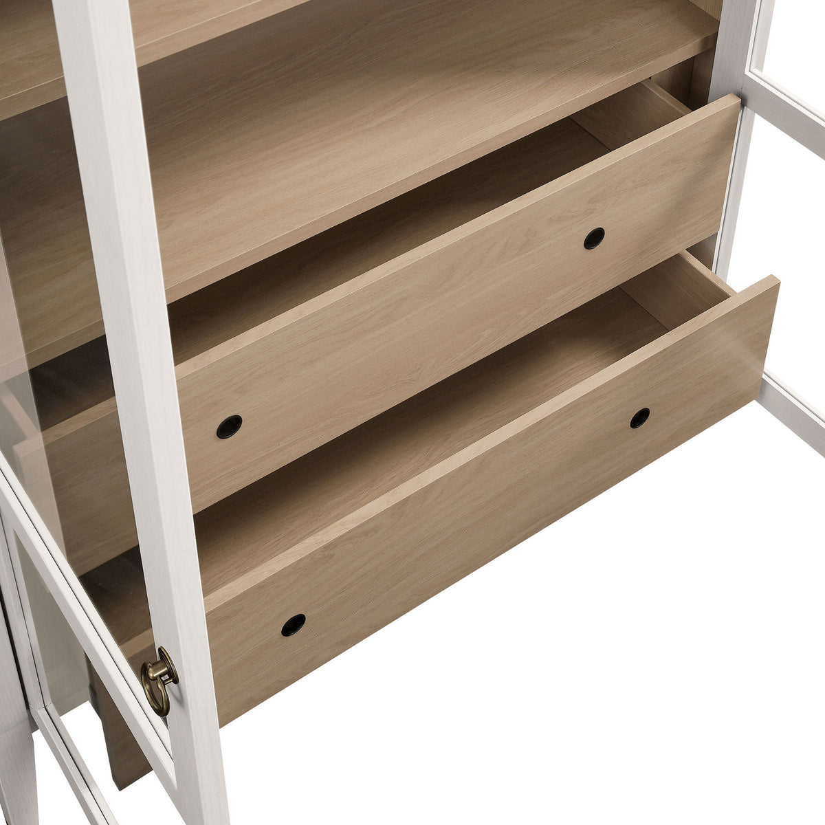 Two stacked drawers in the ivory oak cabinet extend fully for easy storage access || EEI-7168-IVO-OAK || storage_open_studio