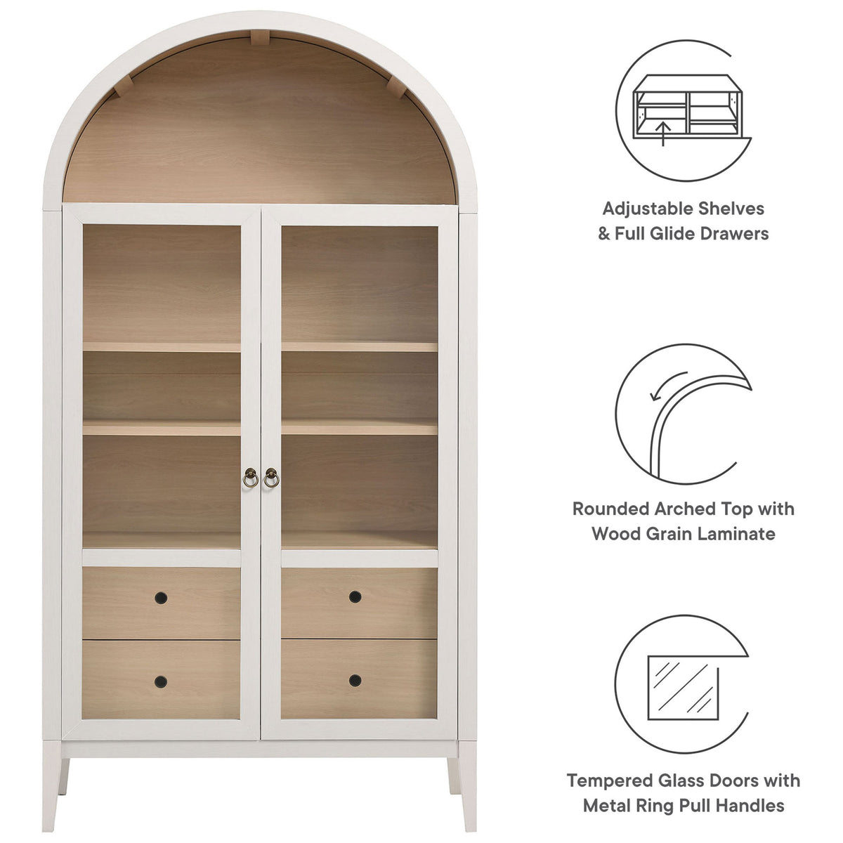 Key features of the ivory oak Nolan cabinet including adjustable shelving and tempered glass doors || EEI-7168-IVO-OAK || callout_studio
