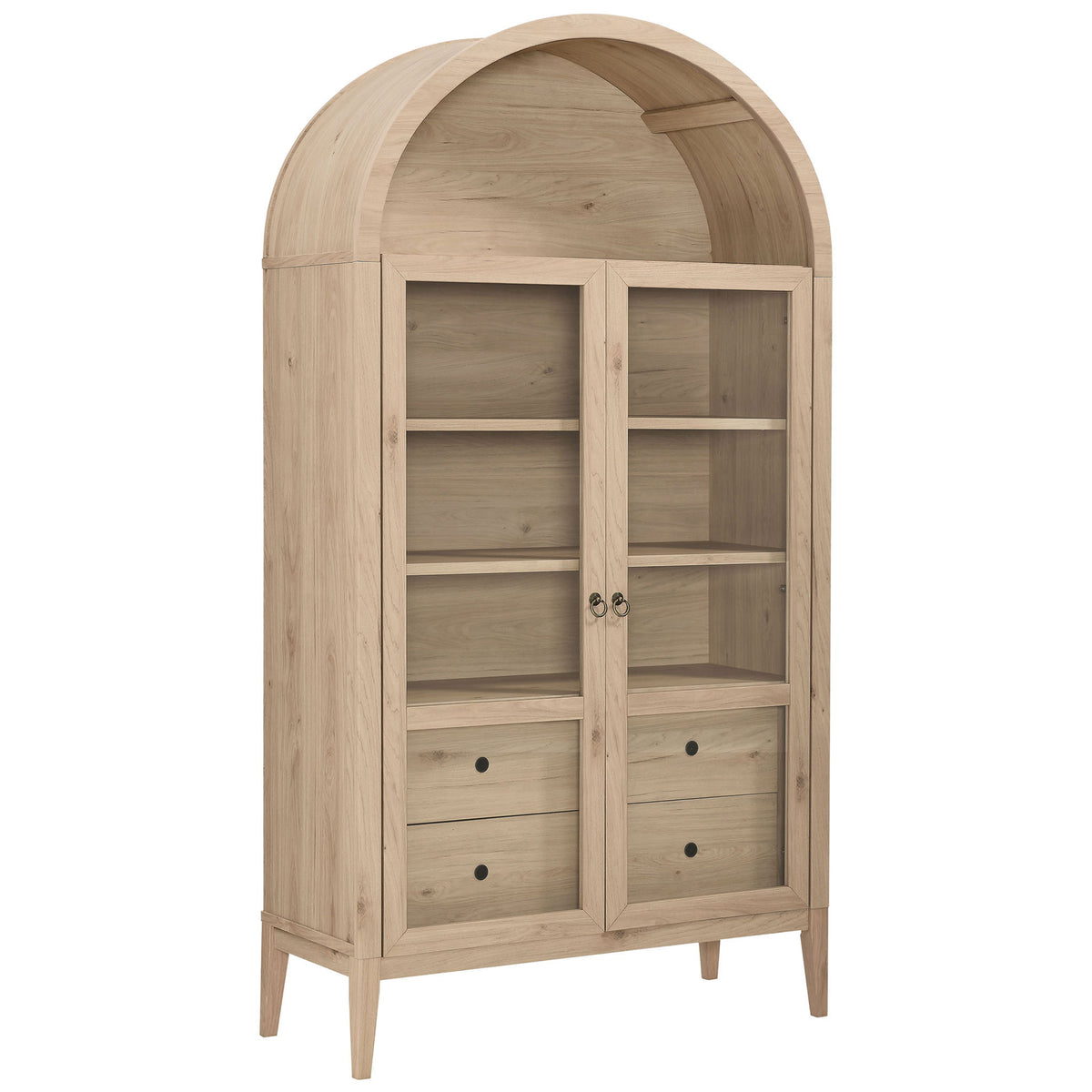 Tall wide light oak arch cabinet showcasing natural grain and airy glass door display || EEI-7168-LOA || front_angle_studio