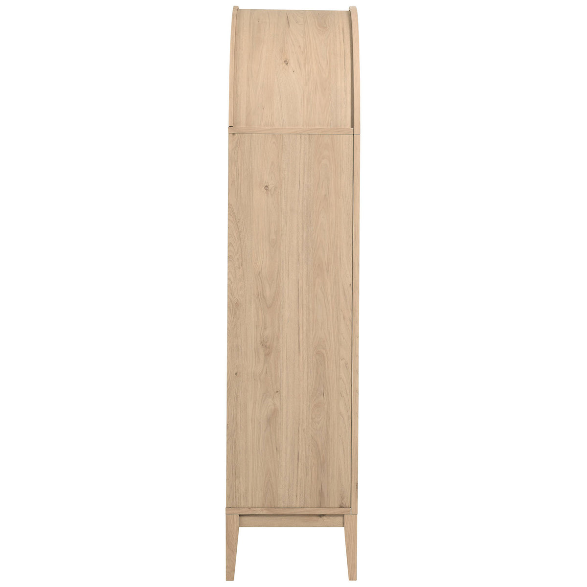 Side profile of the wide light oak Nolan cabinet with elegant arched top and slim legs || EEI-7168-LOA || side_studio