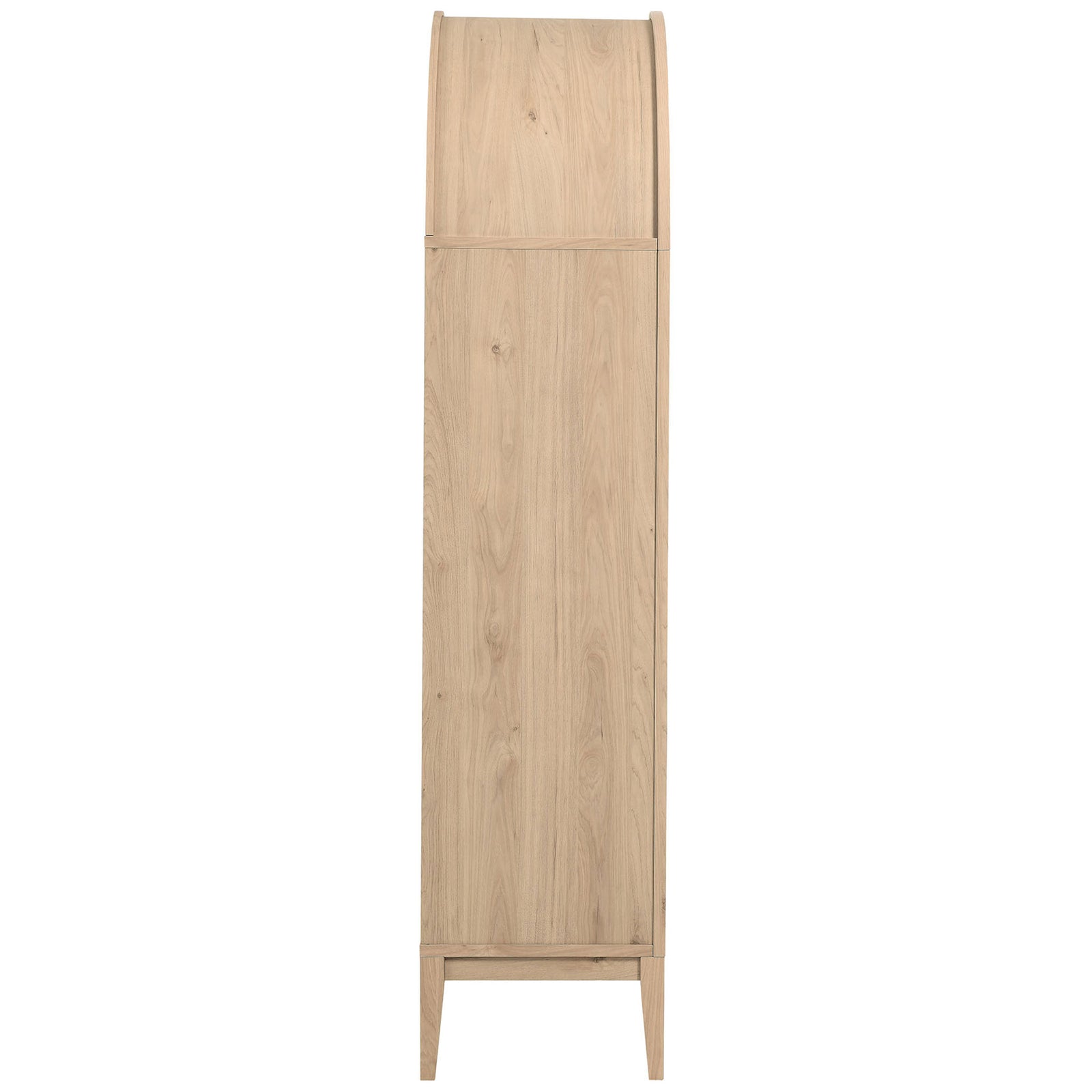 Side profile of the wide light oak Nolan cabinet with elegant arched top and slim legs || EEI-7168-LOA || side_studio