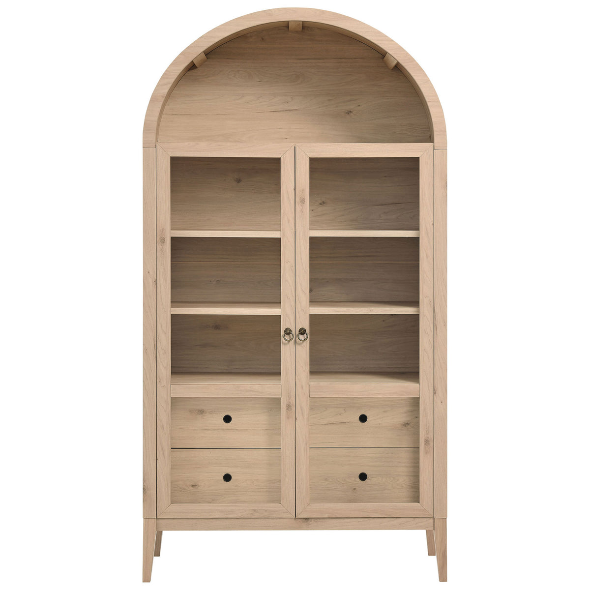 Wide light oak arched display cabinet with glass doors and matching wood shelves and drawers || EEI-7168-LOA || front_studio