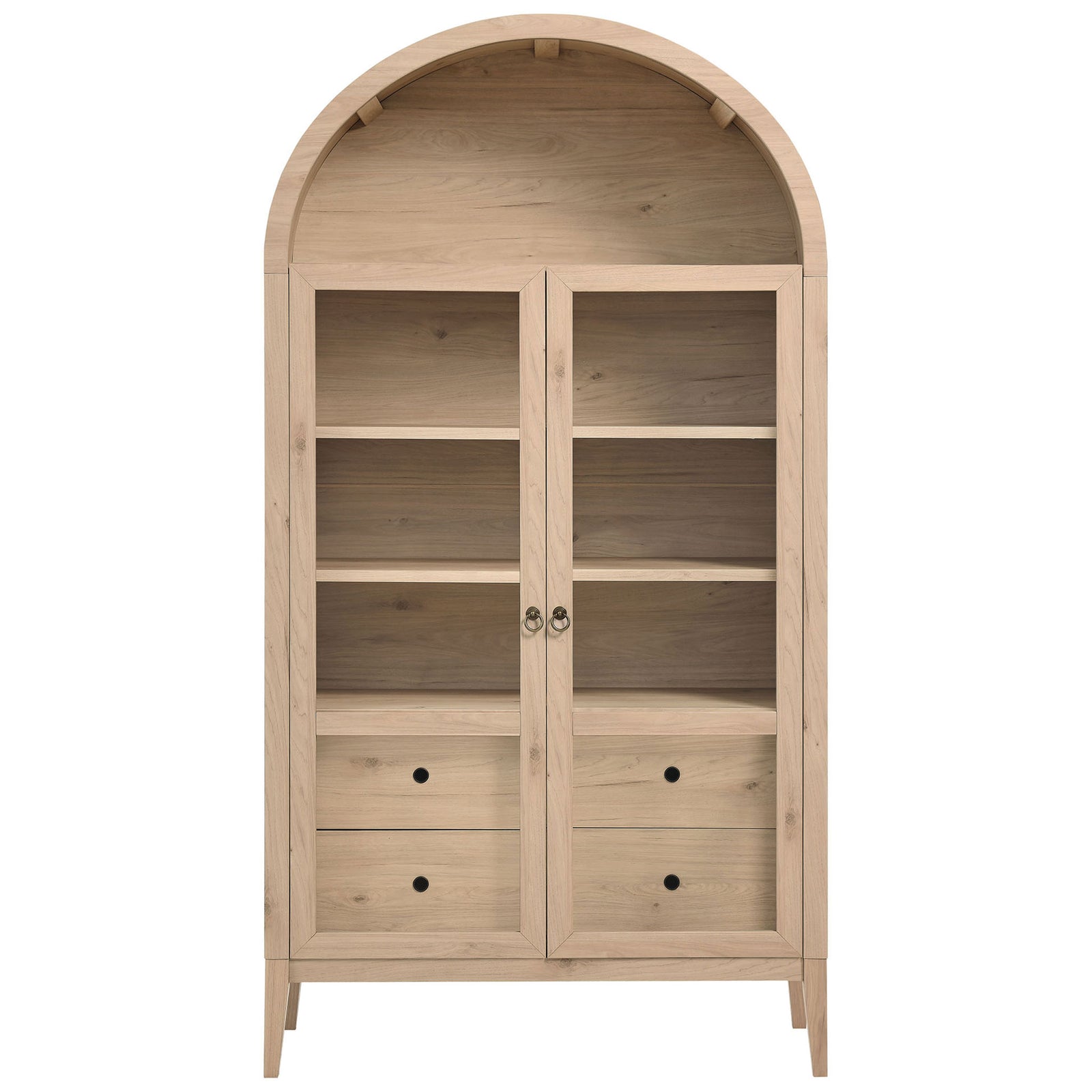 Wide light oak arched display cabinet with glass doors and matching wood shelves and drawers || EEI-7168-LOA || front_studio