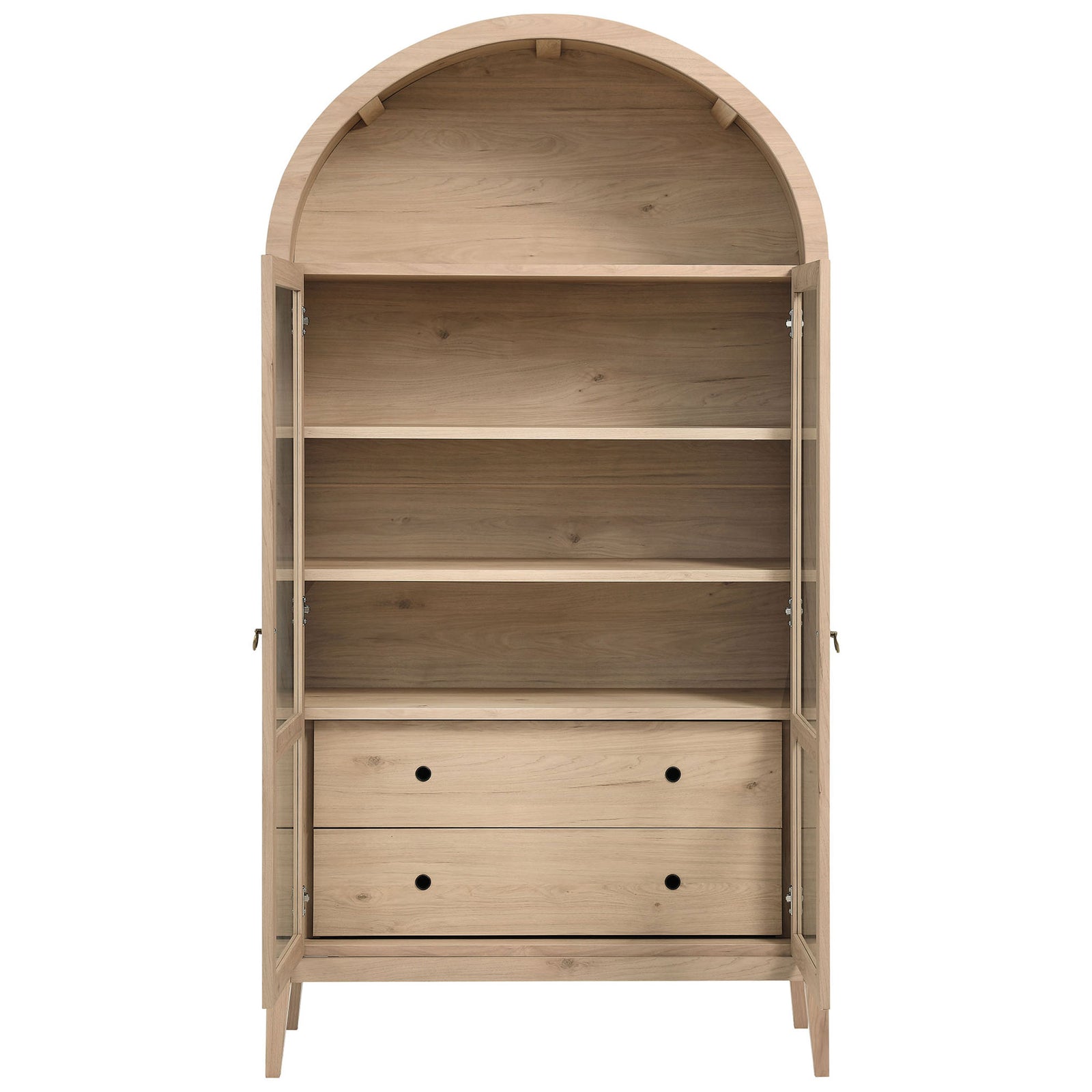 Light oak cabinet with doors open, revealing generous shelving and two deep drawers || EEI-7168-LOA || front_open_studio