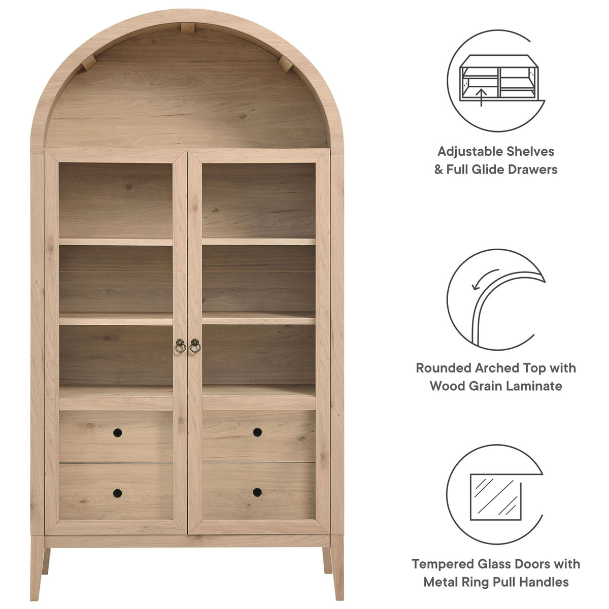 Highlights of the light oak Nolan cabinet including adjustable shelves and full glide drawers || EEI-7168-LOA || callout_studio