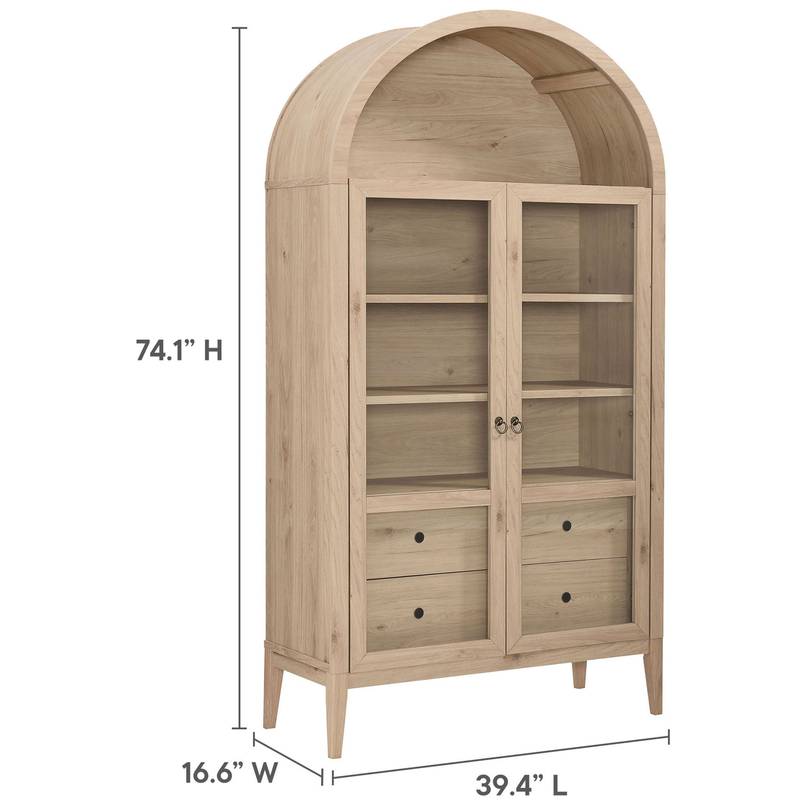 Light oak display cabinet measuring about 74 inches tall and 39 inches wide for versatile storage || EEI-7168-LOA || dimension_studio